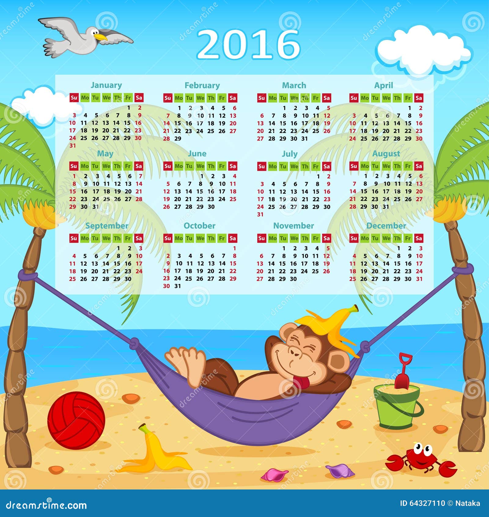 Calendar with Monkey on Hammock 2016 Stock Vector - Illustration of ...
