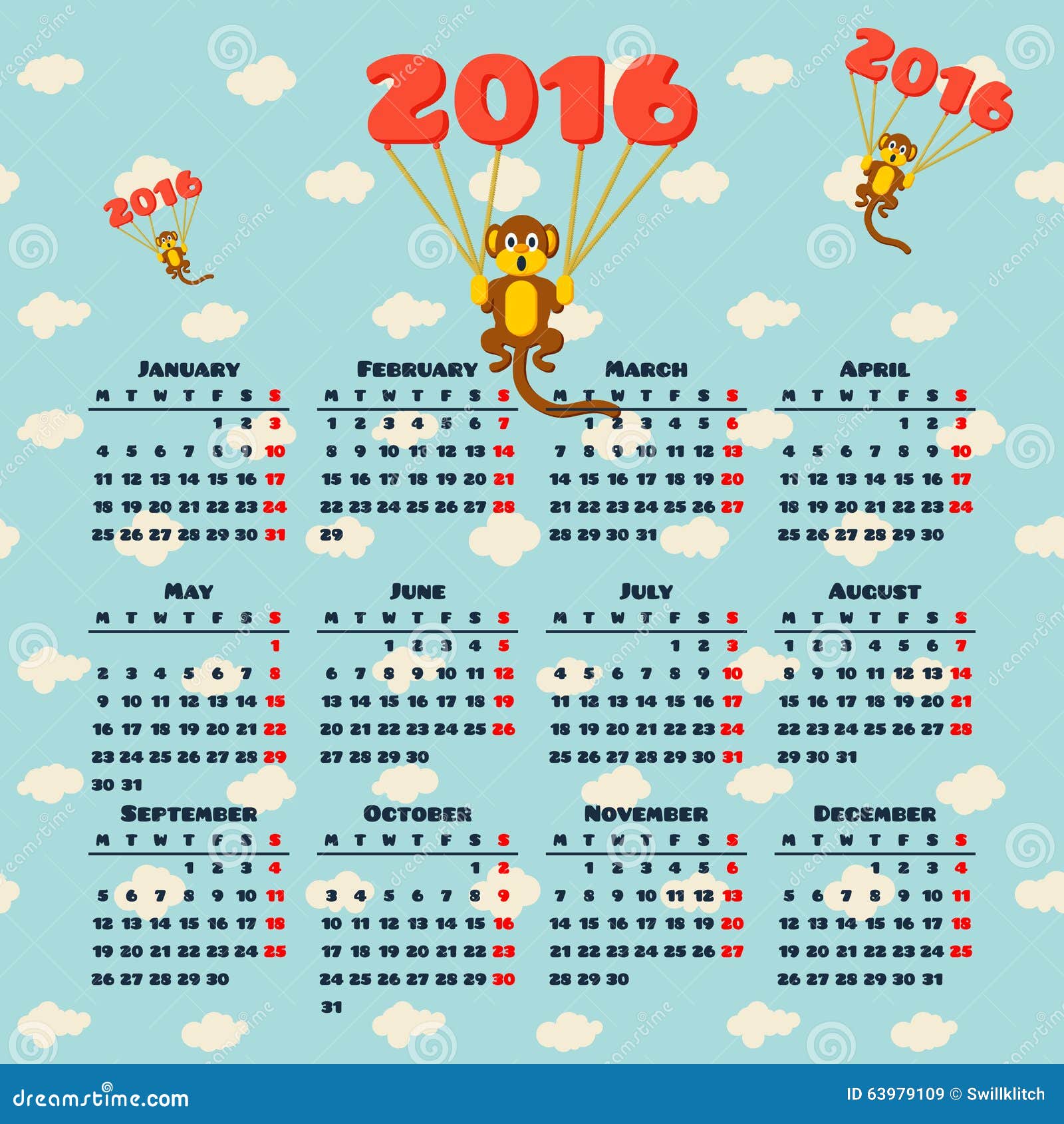 Calendar 2016 with monkey stock vector. Illustration of event - 63979109