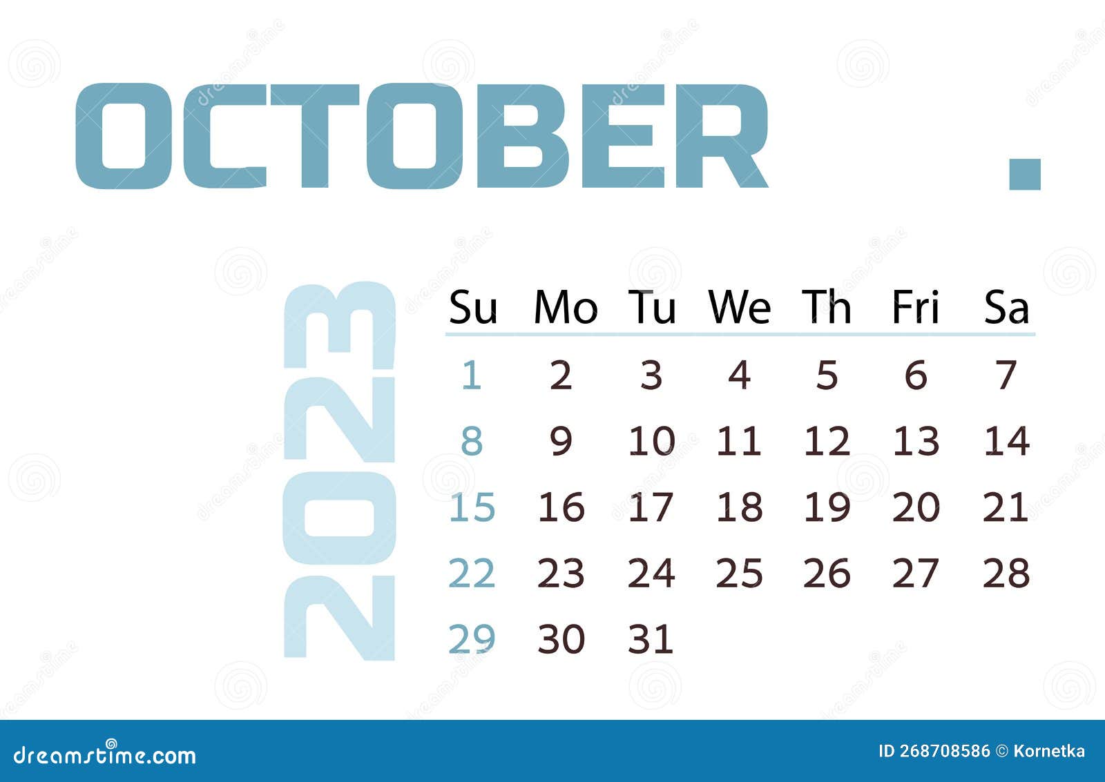 Calendar for the month of october 2023 blue horizontal calendar stock