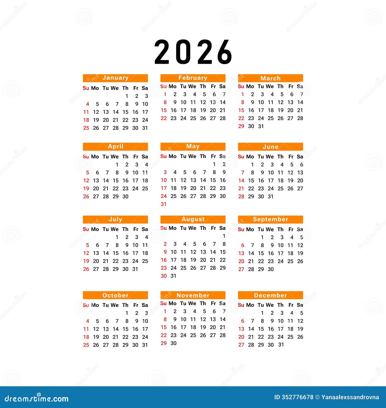 2026 Calendar Template In Classic Strict Style With Type Written Font