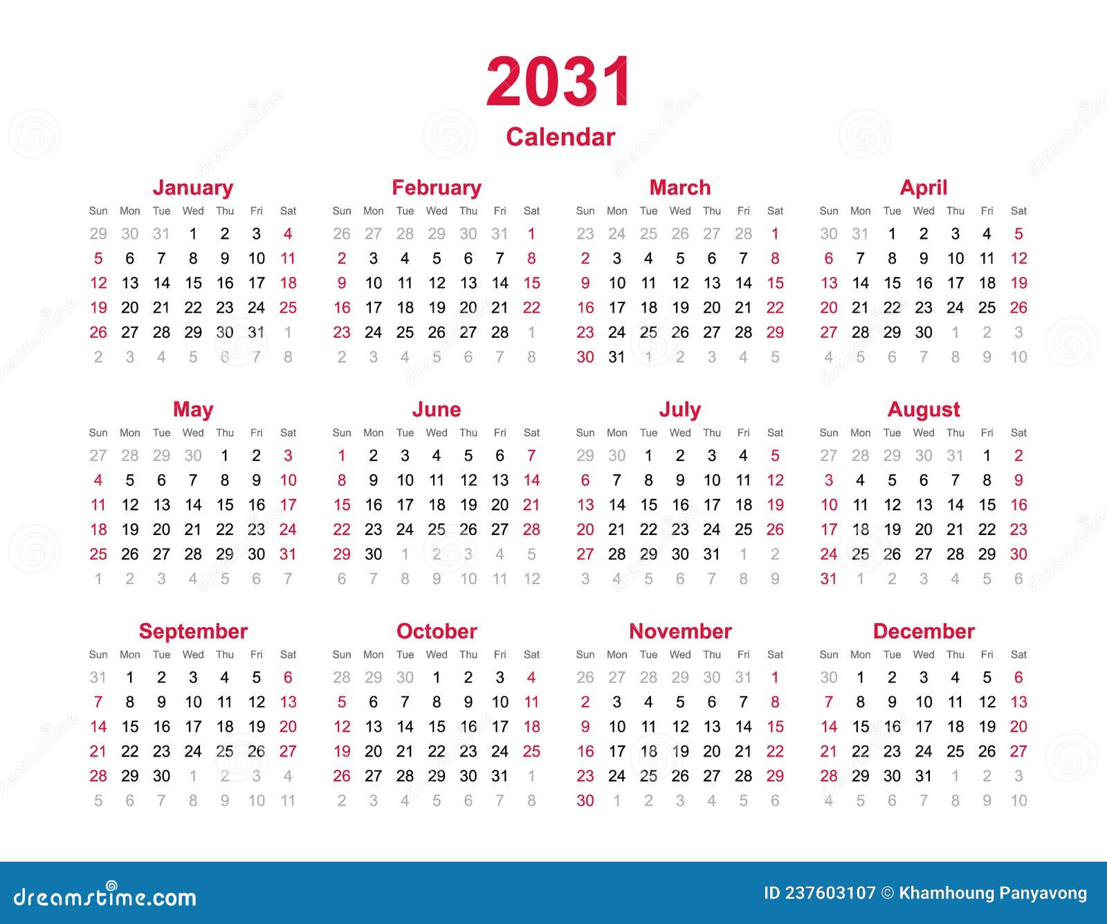Calendar 2031 - 12 Months Yearly Vector Calendar in Year 2031