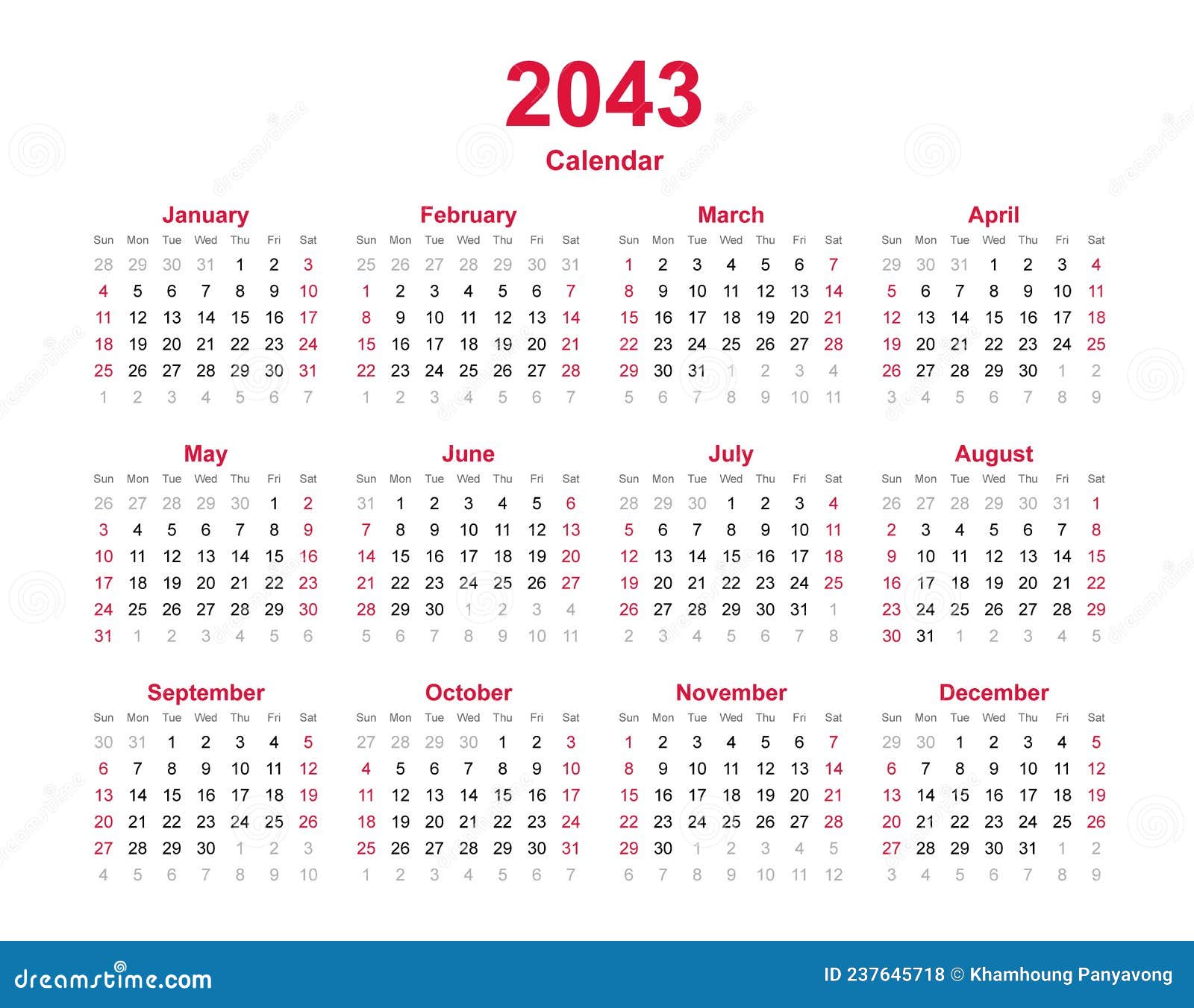 Calendar 2043 - 12 Months Yearly Vector Calendar in Year 2043