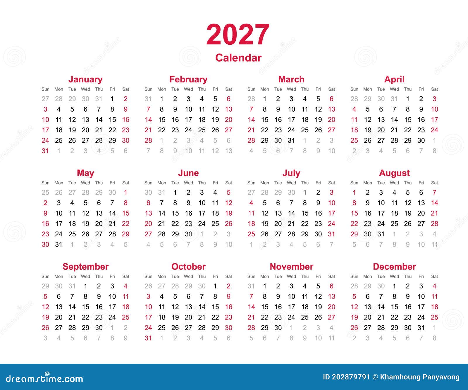 Calendar 2027 - 12 Months Yearly Vector Calendar in Year 2027