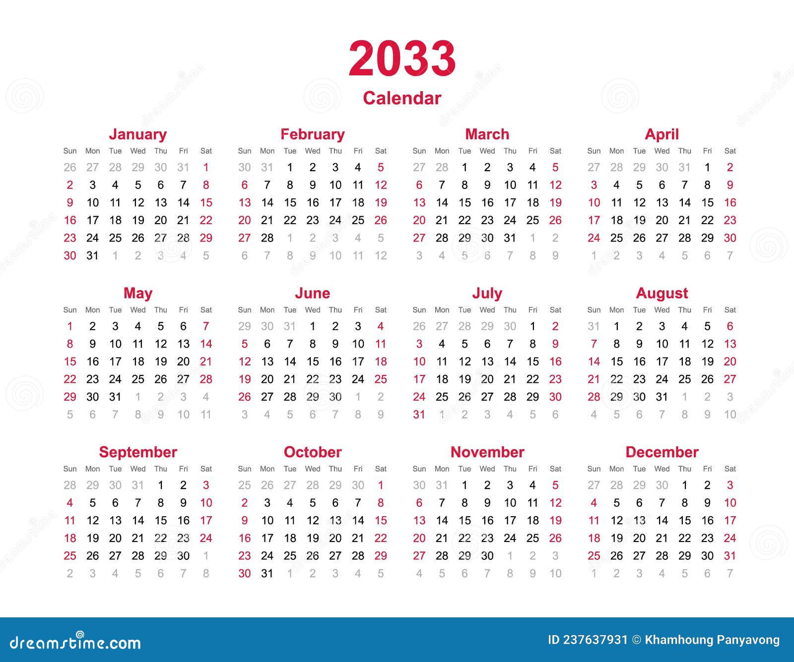 Calendar 2033 - 12 Months Yearly Vector Calendar In Year 2033