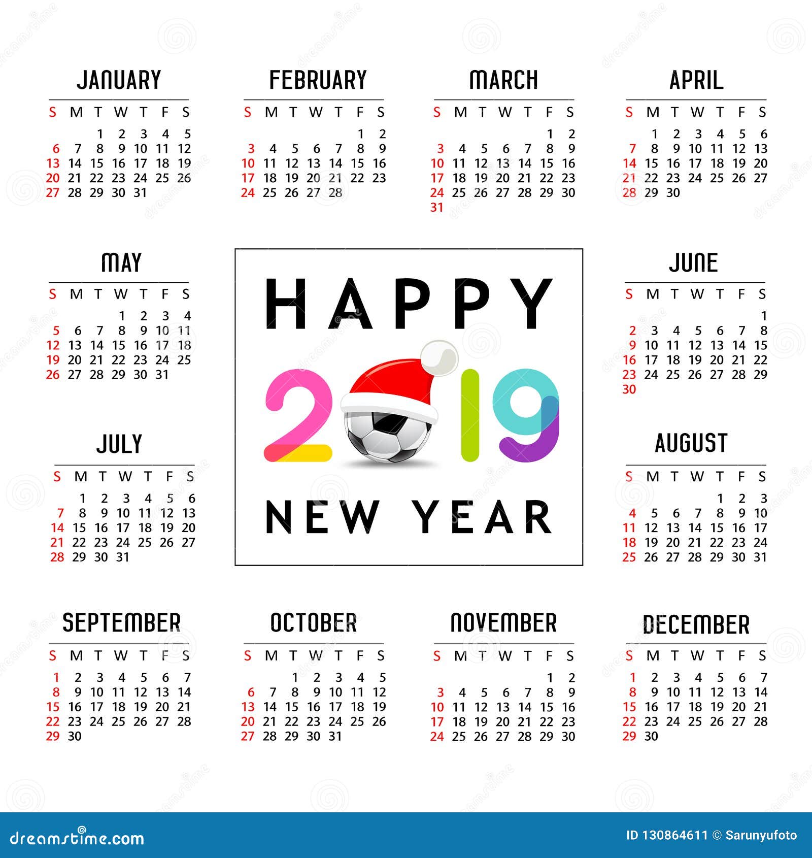 calendar new year 2019 santa hat on soccer ball template design soccer ball templates