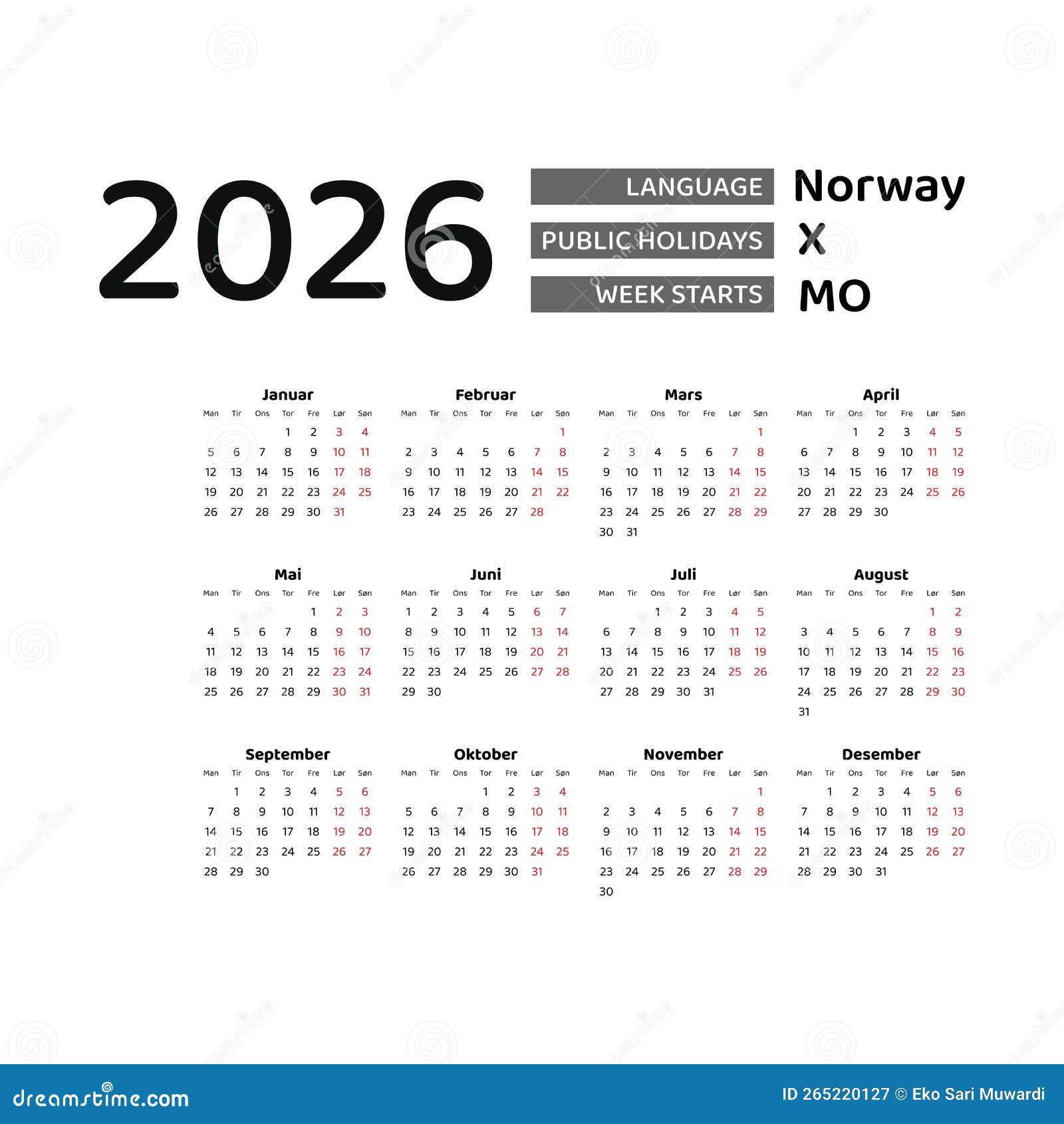 Calendar 2026 Norwegian Language with Norway Public Holidays. Stock