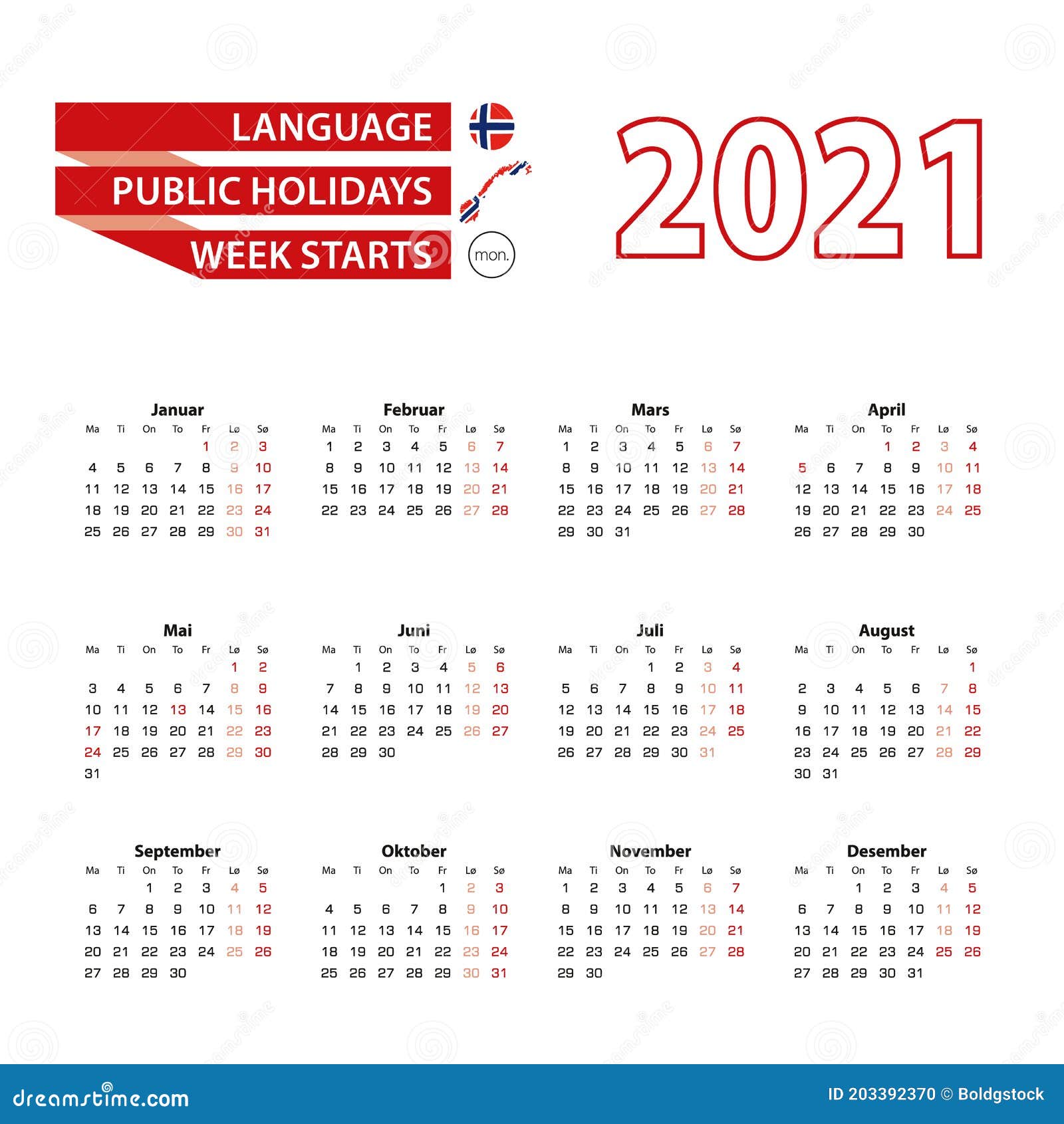 Calendar 2021 In Norwegian Language With Public Holidays The Country Of