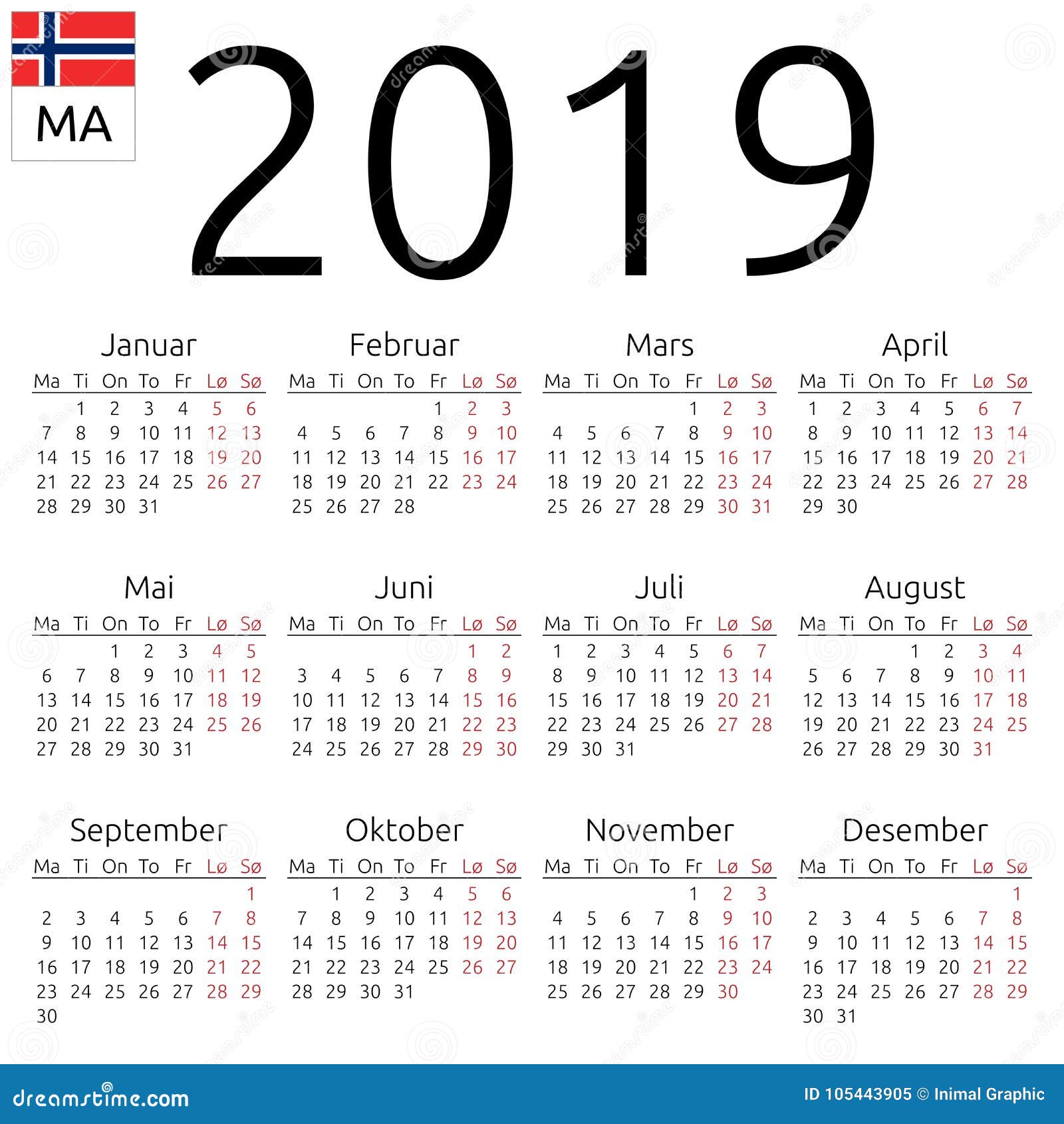 Calendar 2019, Norwegian, Monday Stock Vector Illustration of latin