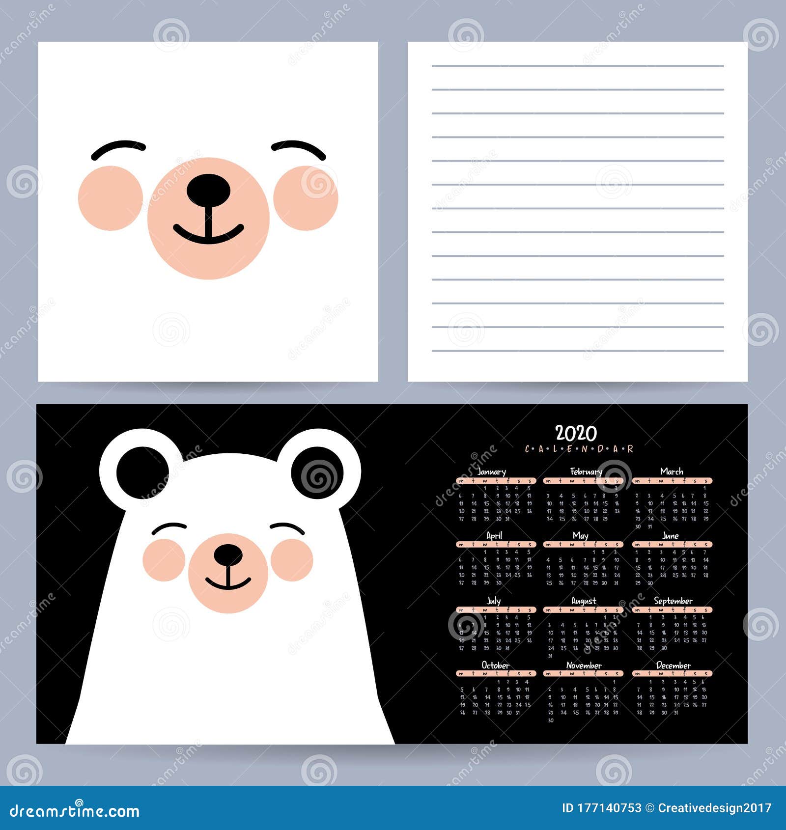 2020 Calendar with Bear. Vector Stock Vector - Illustration of july