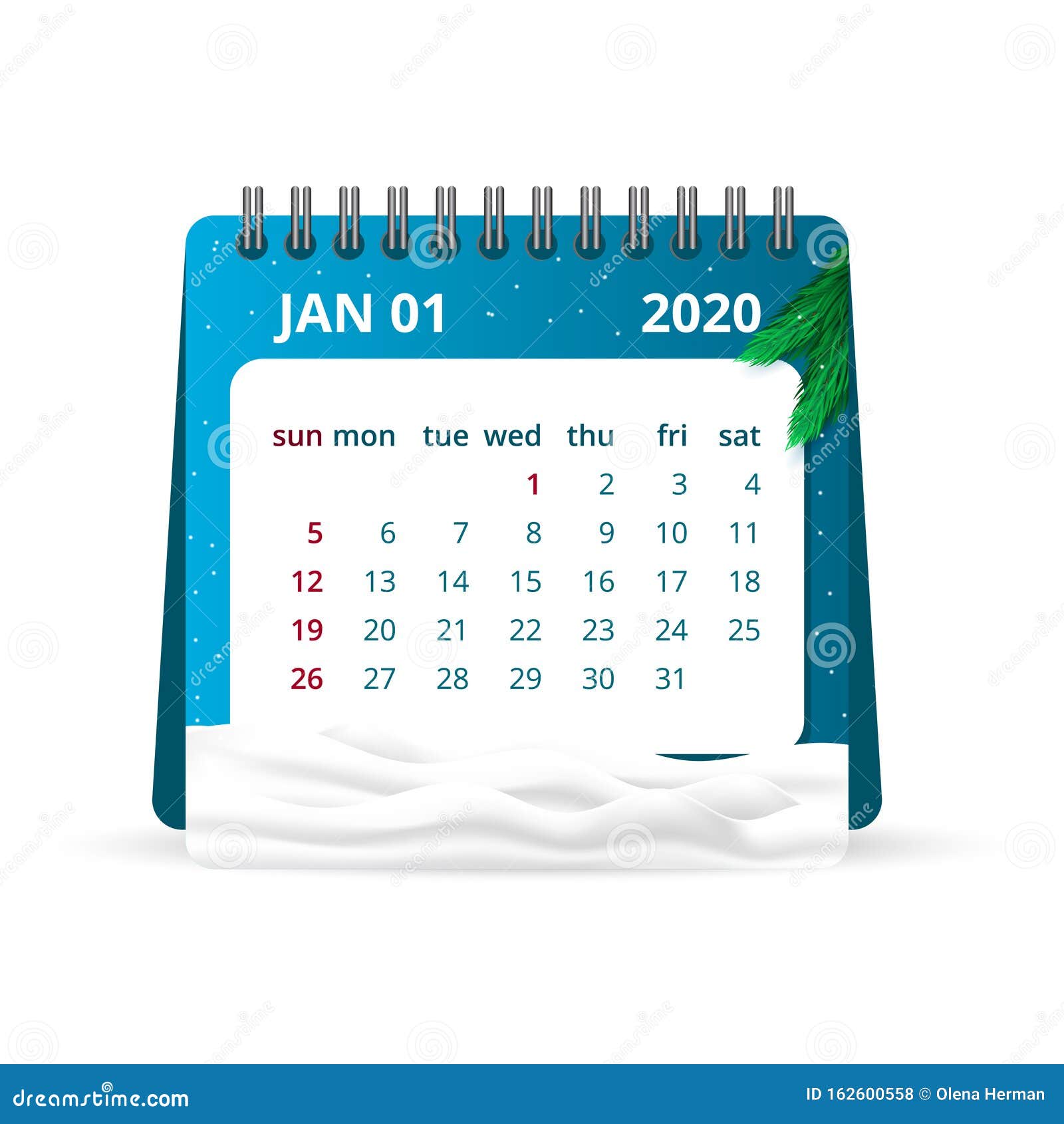 2020 Calendar. One Month Calendar with Fir Branches and Snow. January