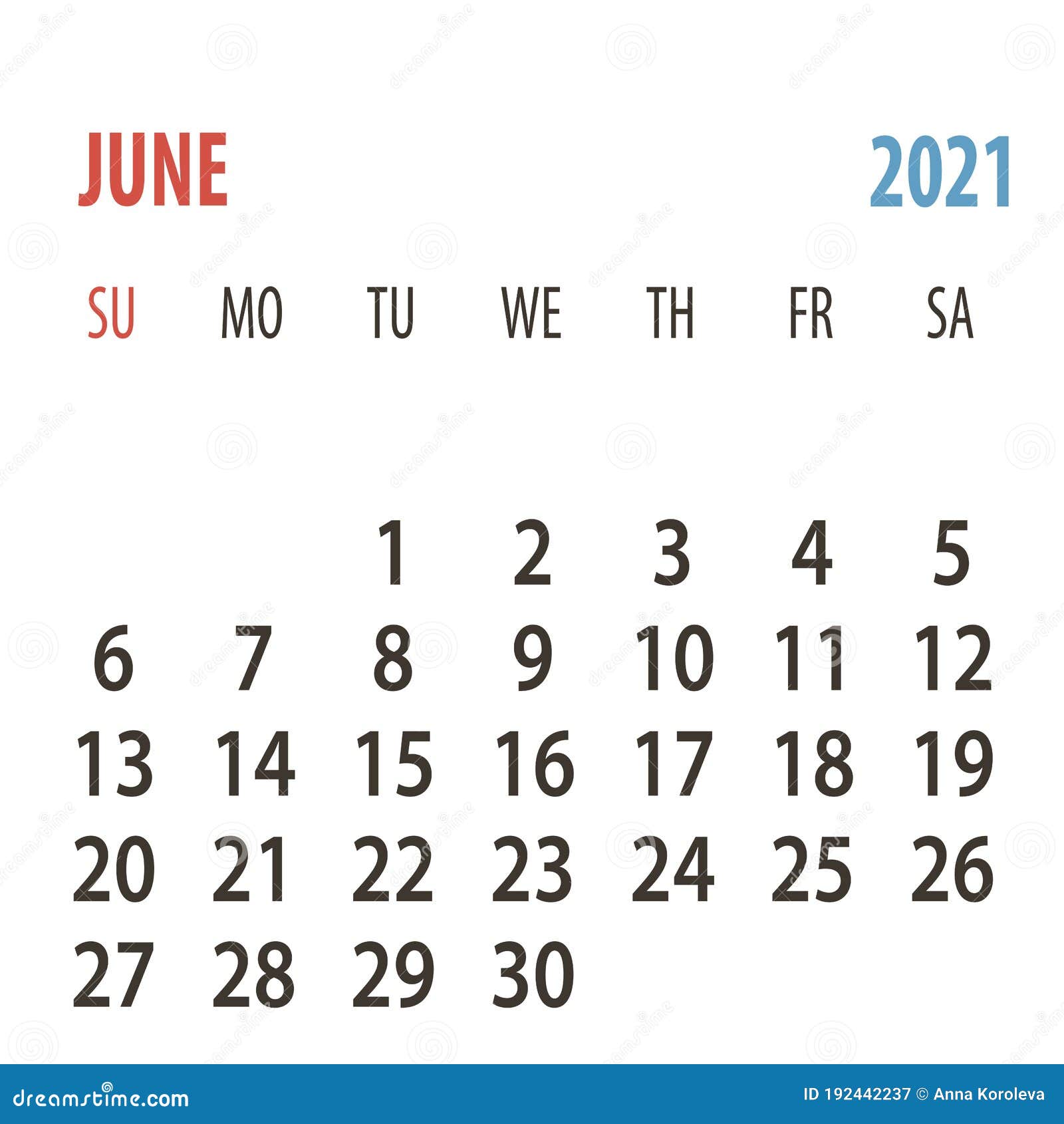 Calendar 2021 One Month June Week Start Sunday Corporate Design Planner Template Stock Vector Illustration Of December Desk 192442237 june 24 2021 week calendar monday to sunday