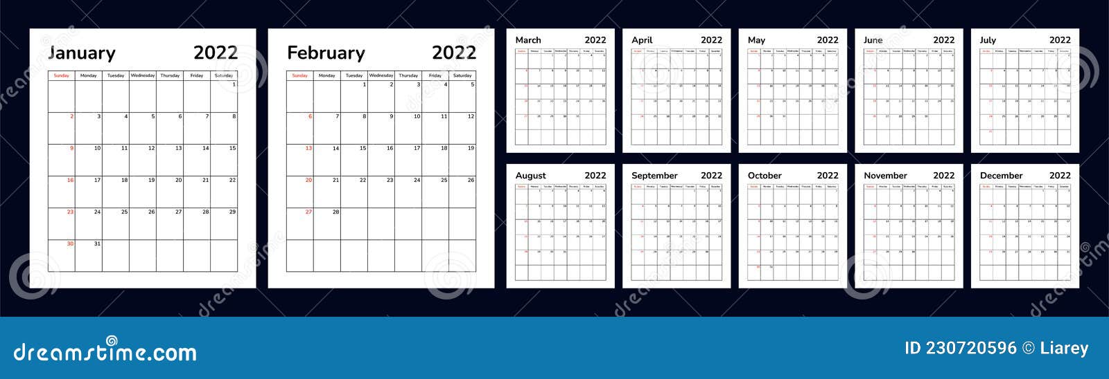 Calendar 2022. Planner Organizer Scheduler Vector Template. Wall Desk Table Corporate Calendar. Week Starts On Sunday Stock Vector - Illustration Of Week, Happy: 230720596