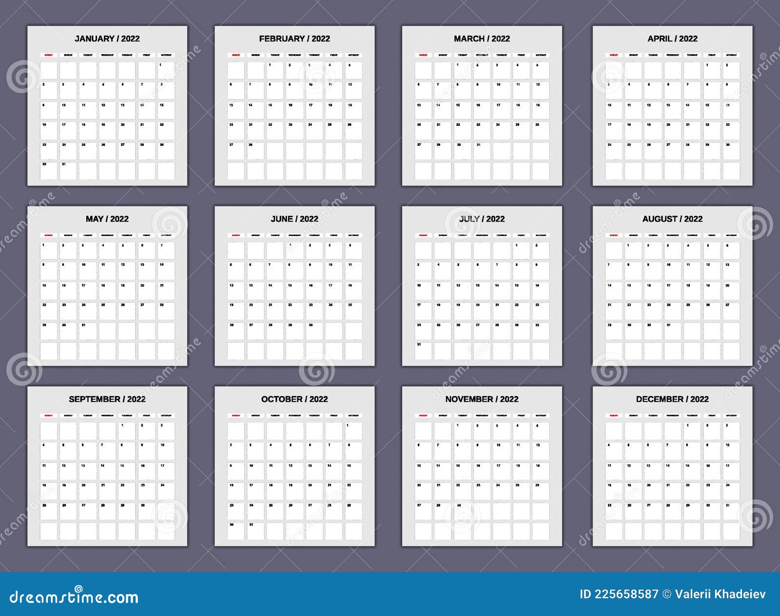 calendar planner for 2022, set 12 month. monthly template for diary business. week starts sunday, 