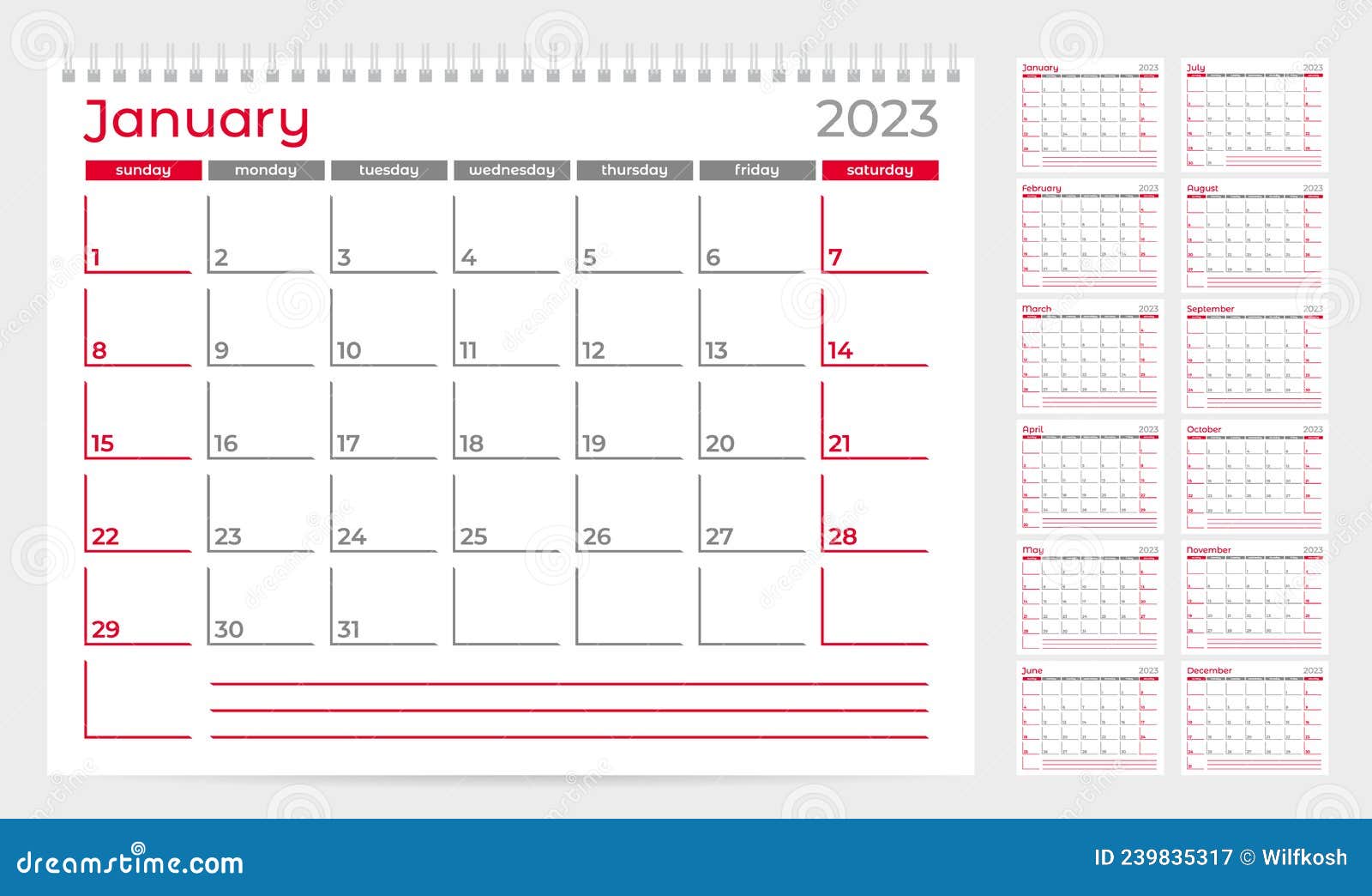 Calendar 2023 Planner Template Week Starts On Sunday Stock Vector