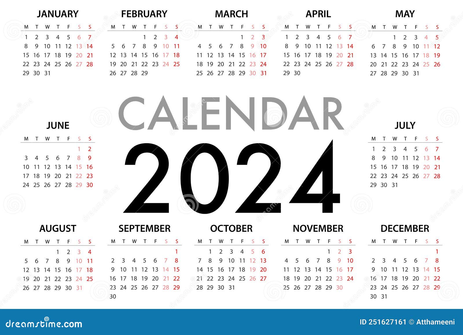 Calendar Planner for 2024 Week Starts Monday Stock Vector
