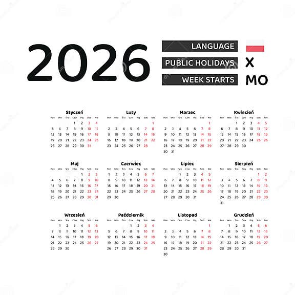 Calendar 2026 Polish Language with Poland Public Holidays. Stock Vector