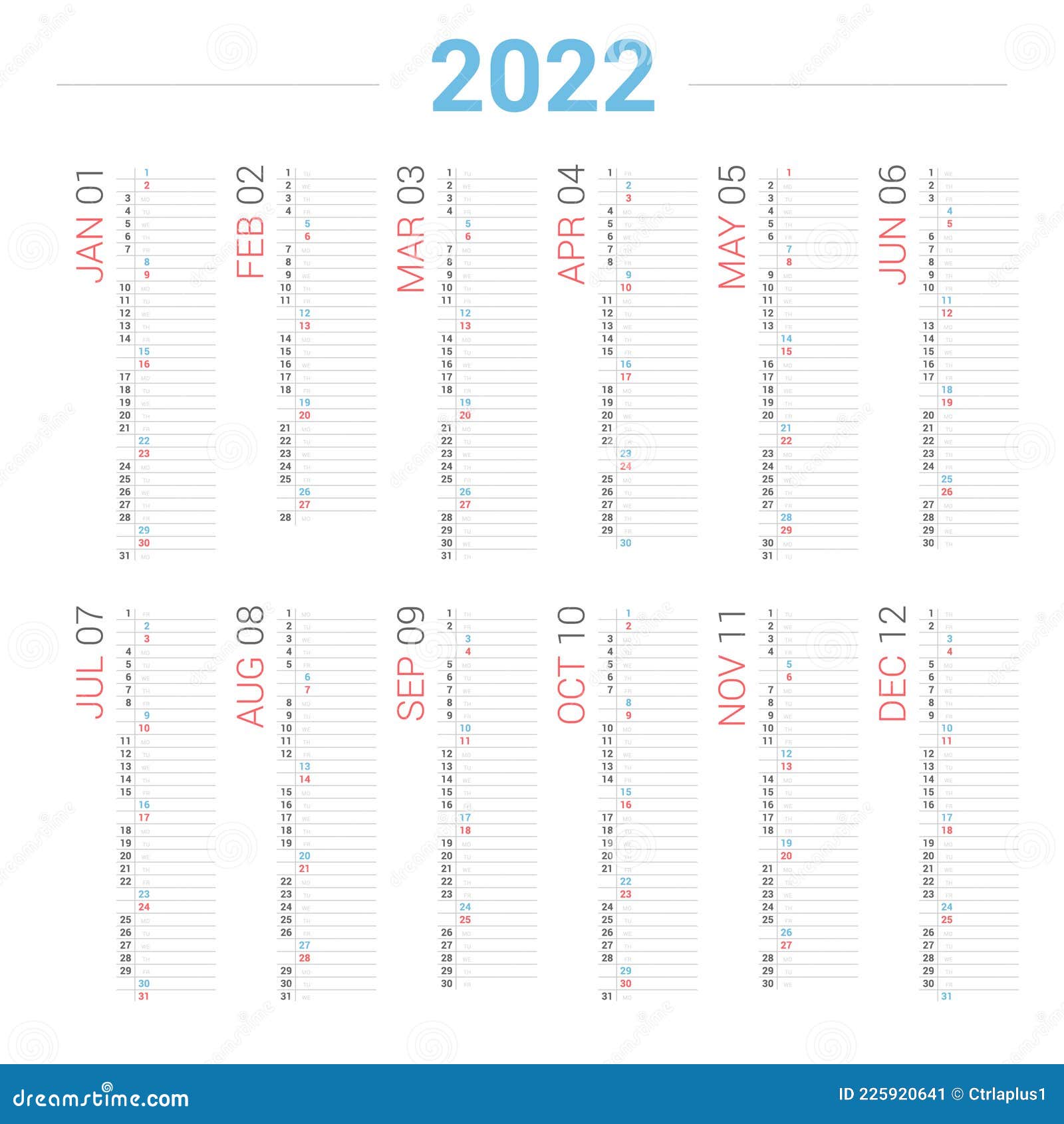 Calendar 2022 Planner Simple Vertical Style. Stock Vector