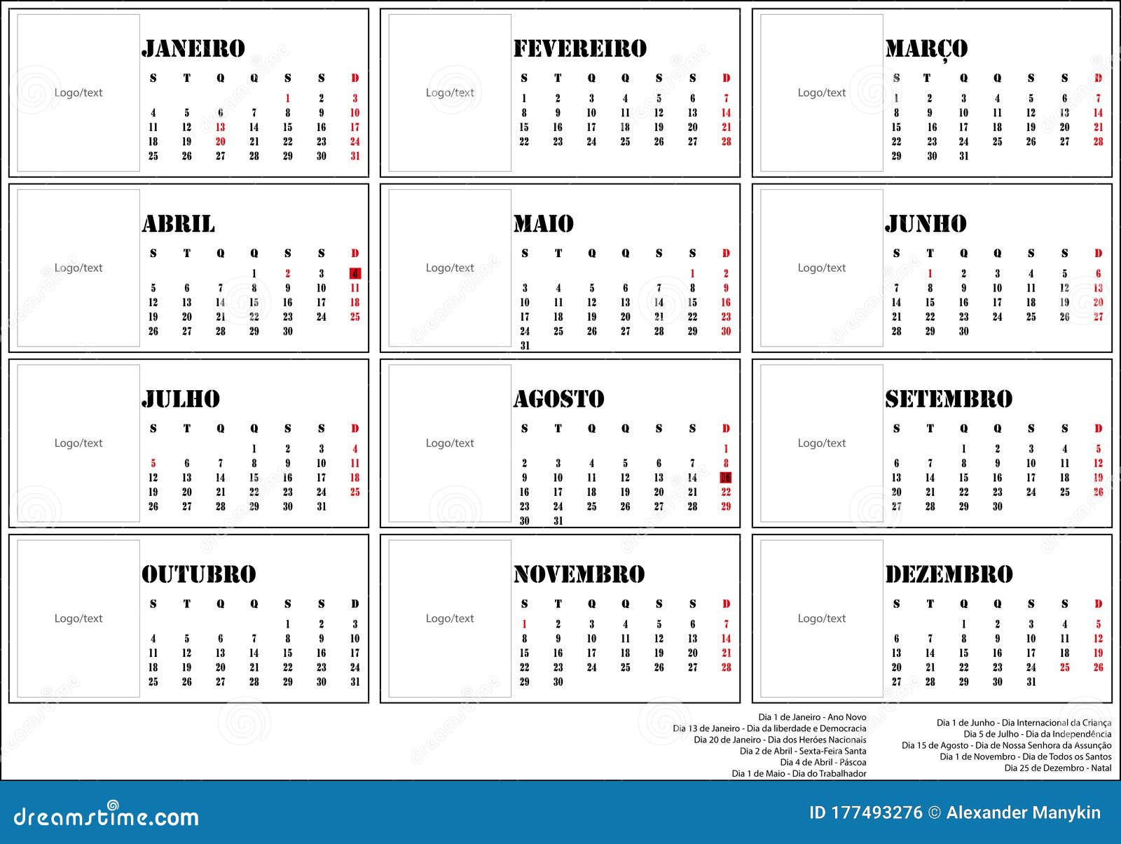 simple calendar for 2021 cape verde, in portuguese, with national holidays