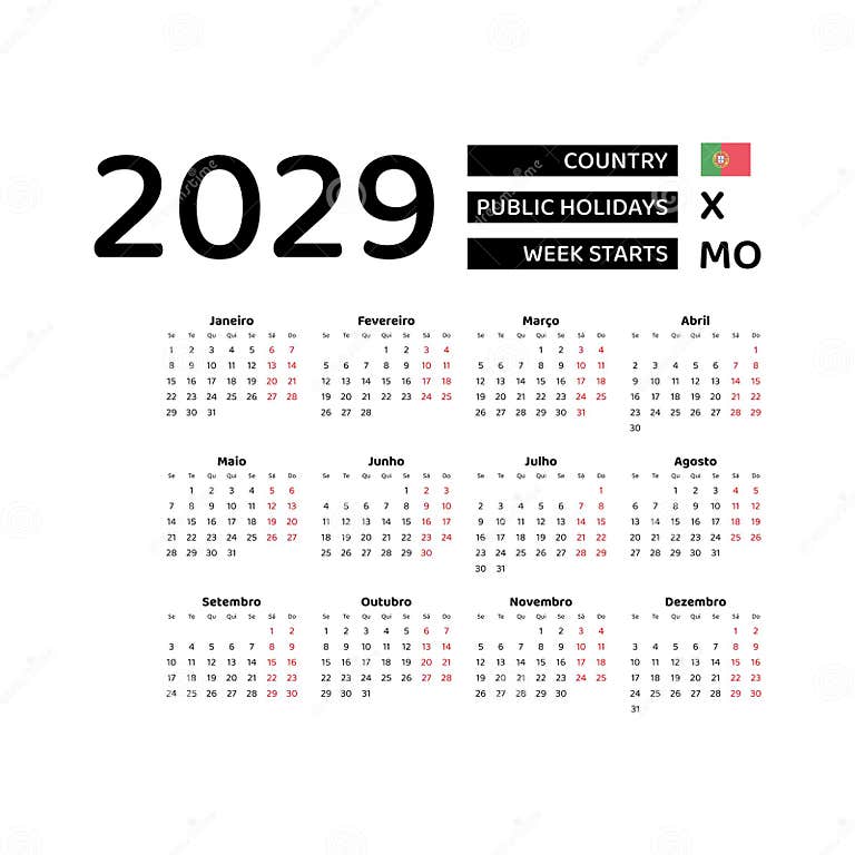 Calendar 2029 Portuguese Language with Portugal Public Holidays. Stock
