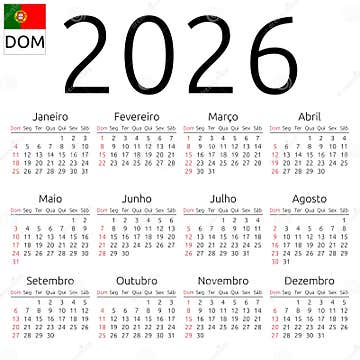 Calendar 2026, Portuguese, Sunday Stock Vector - Illustration of annual, plain: 163725394