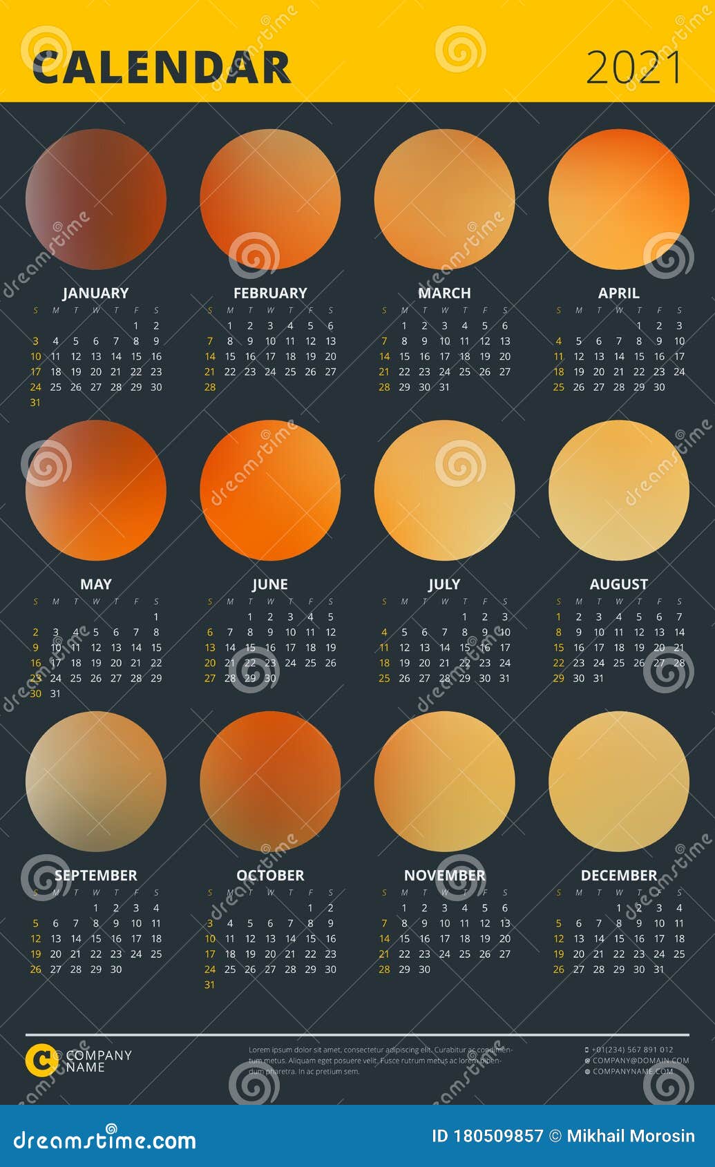 Calendar Poster for 2021 Year. Tabloid Size Template with Place for 12