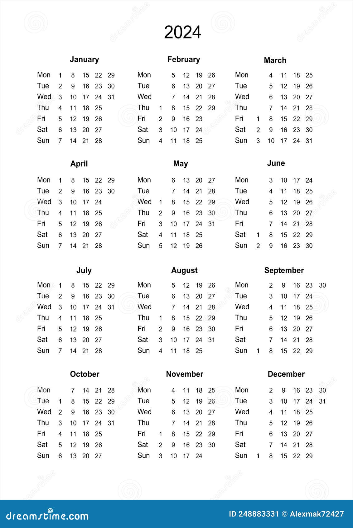 Calendar 2024. Printable Calendar for 2024. Sunday Start. Minimalist