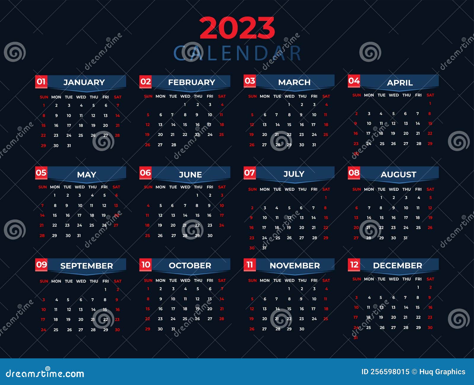 Yearly Calendar 2023 Week Starts From Sunday Stock Vector