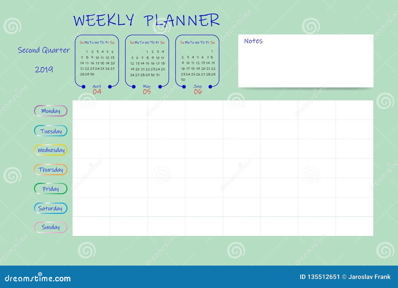 Calendar for Second Quarter of 2019 Year with Weekly Planner Stock