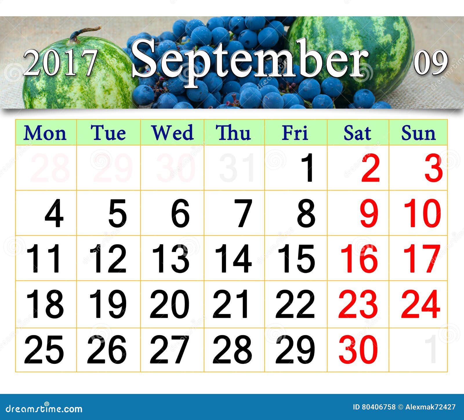Calendar For September 2017 With Fruits Stock Photo - Image Of Sacking,  Agenda: 80406758