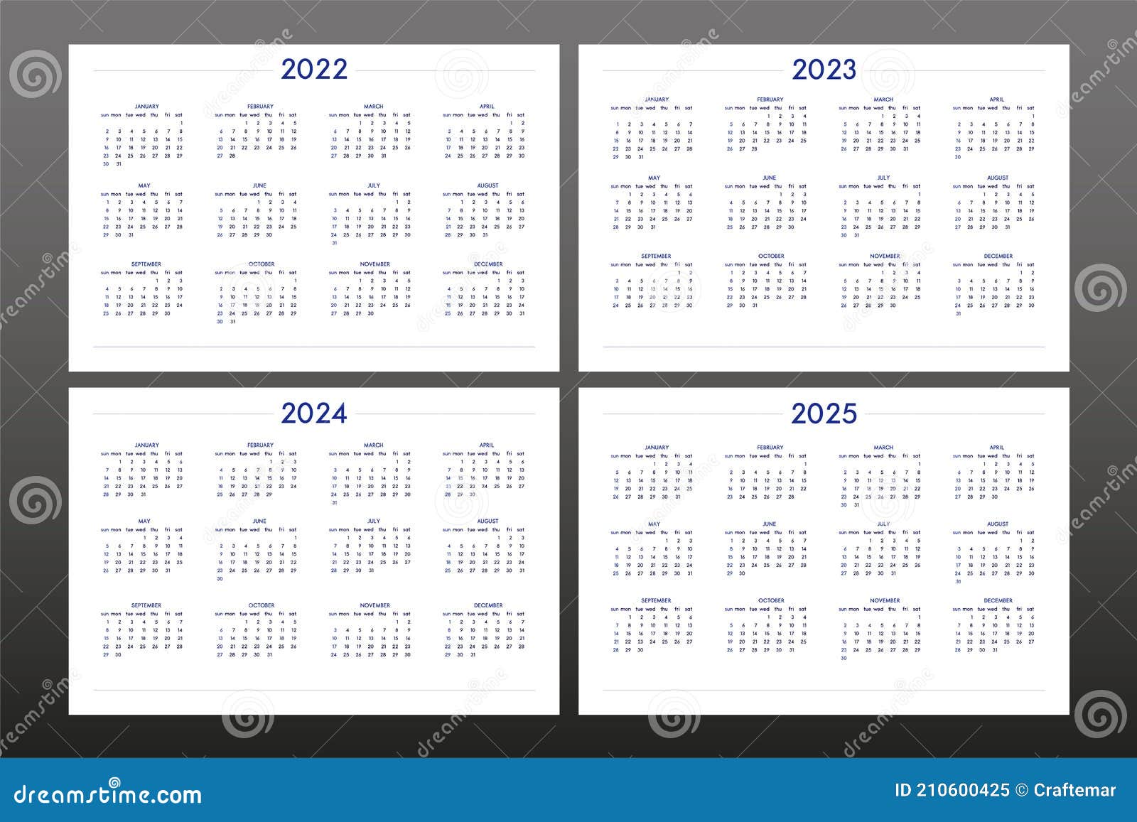 2022 2023 2024 2025 Calendar Set in Classic Strict Style. Wall Table Table Calendar 2025 Price