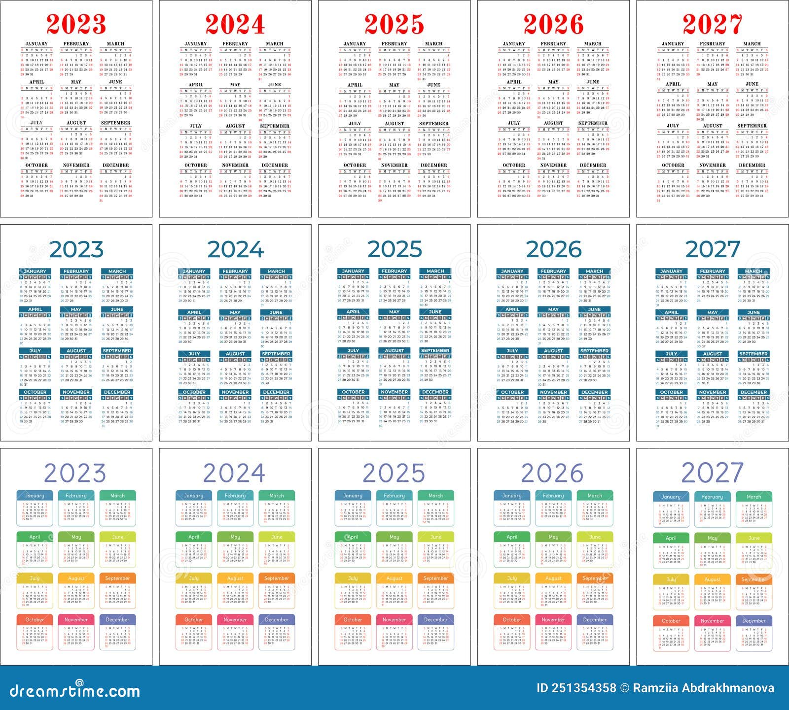 2023, 2024, 2025, 2026 And 2027 Calendar Set. Color Vector Calender Design. Week Starts On