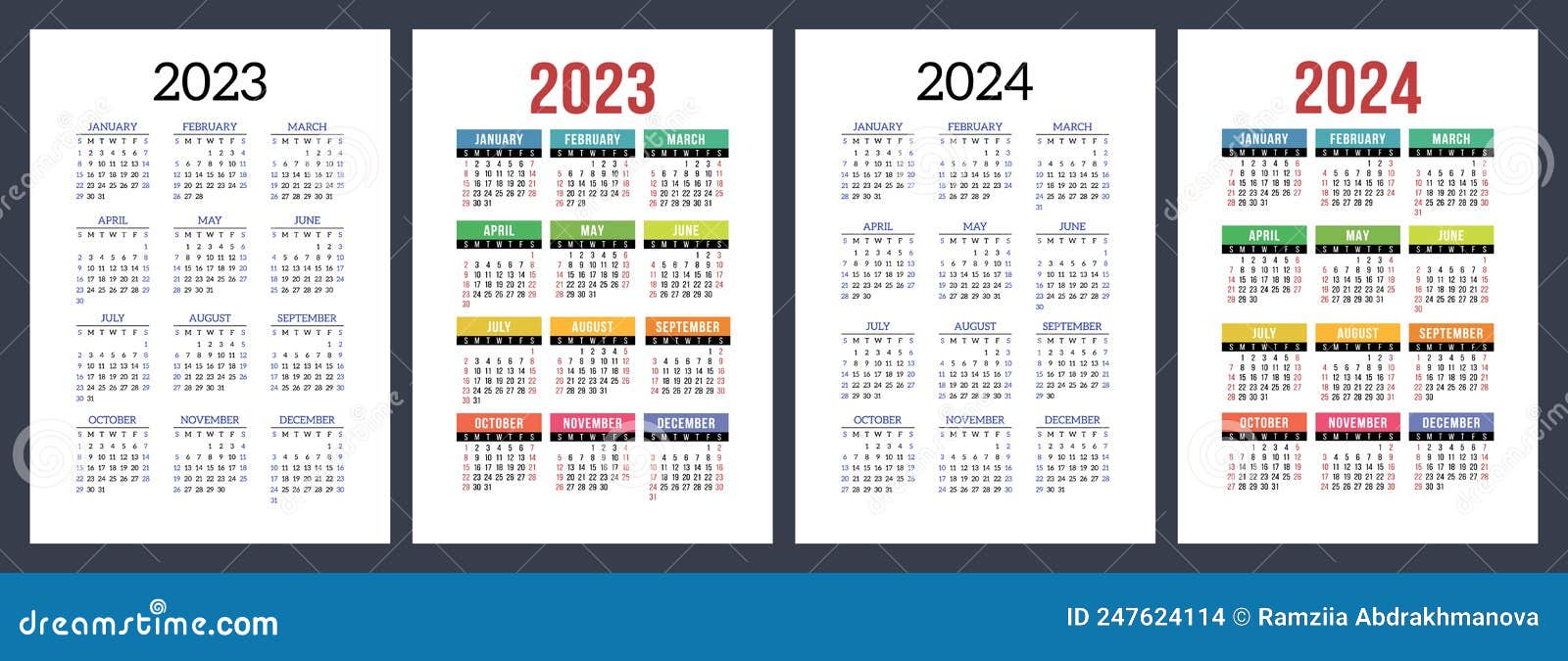 2023 and 2024 Calendar Set. Color Vector Pocket Calender Design. Week