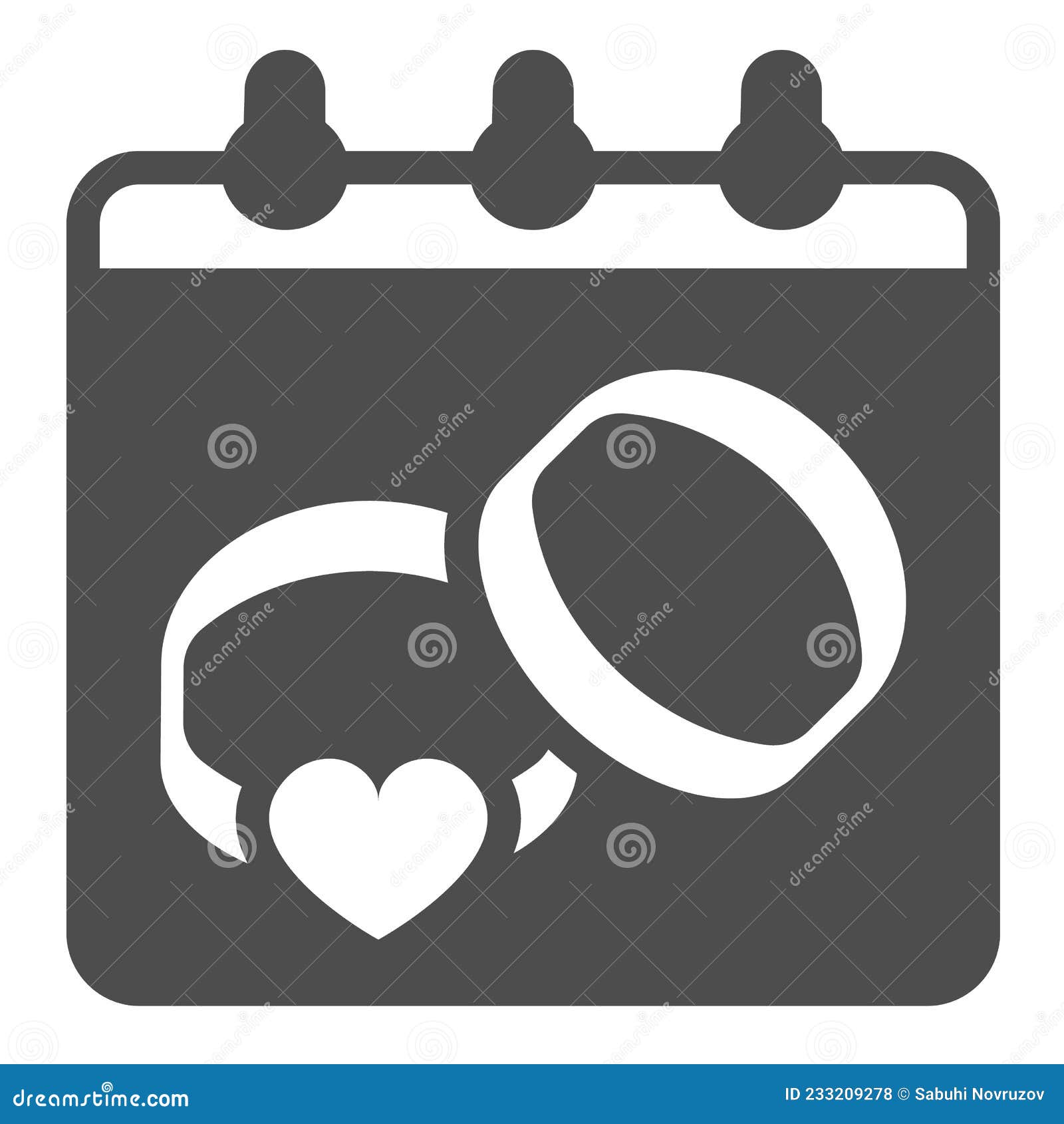 calendar sheet with two wedding rings and heart solid icon, marriage concept, wedlock  sign on white background