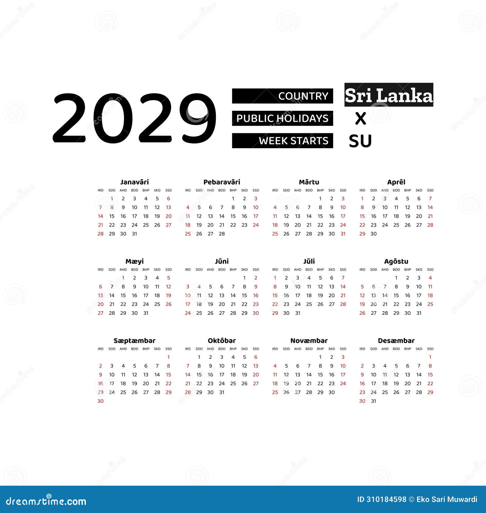 calendar 2029 sinhala language with sri lanka public holidays.