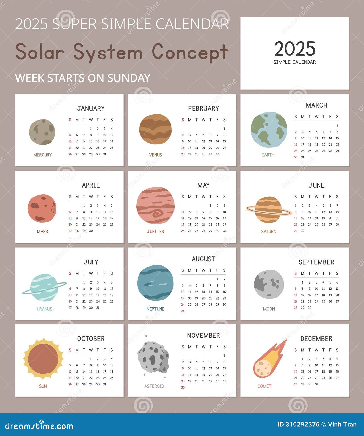 Simple 2025 Calendar Template with Solar System Concept Illustrations