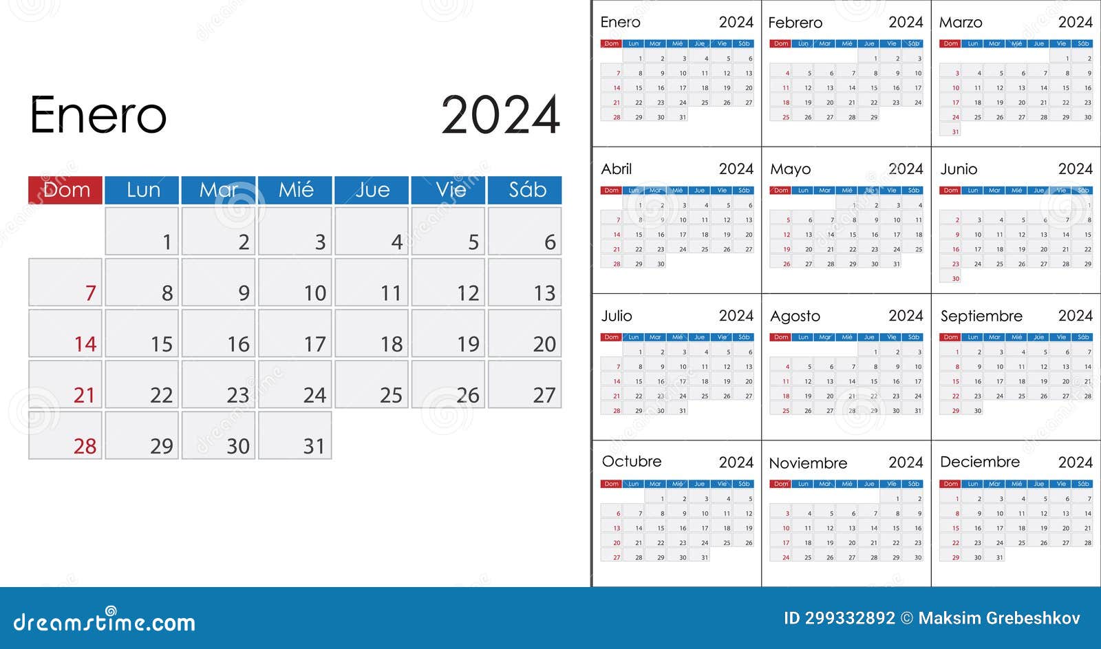 Calendar 2024 on Spanish Language, Week Start on Sunday Stock