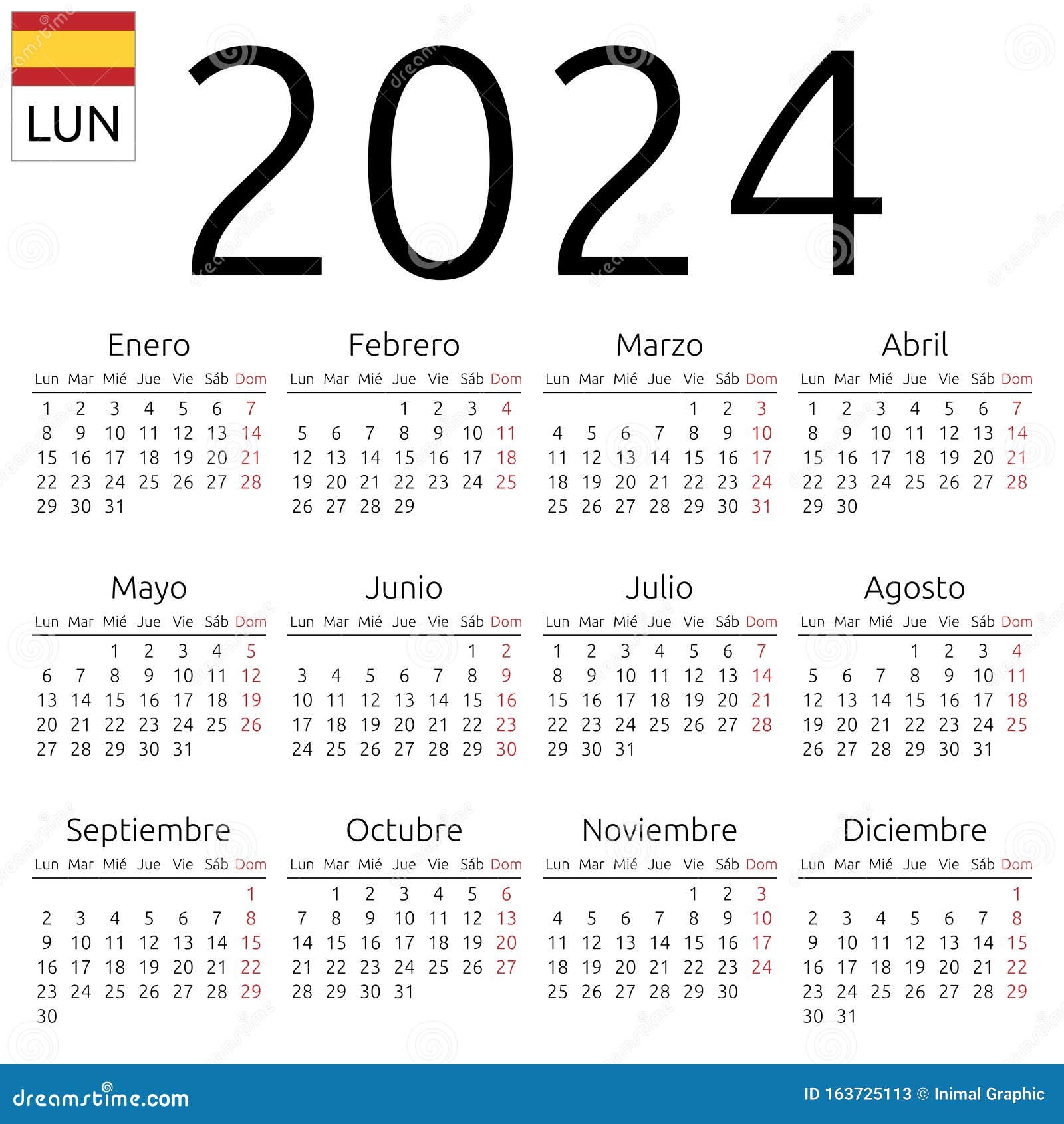 Calendar 2024, Spanish, Monday Stock Vector - Illustration of colorful,  date: 163725113