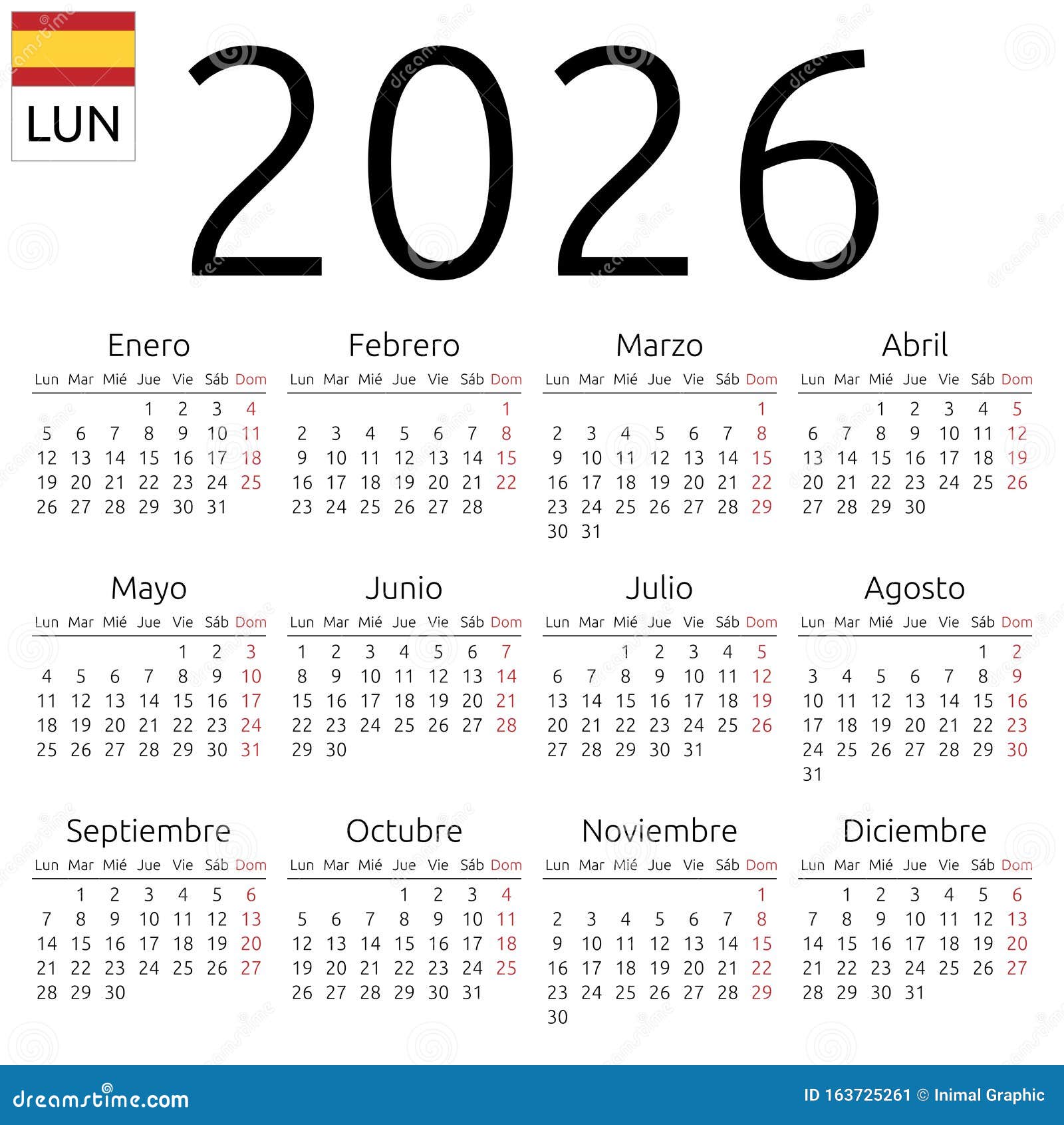 Calendar 2026, Spanish, Monday Stock Vector - Illustration of schedule, calendar: 163725261