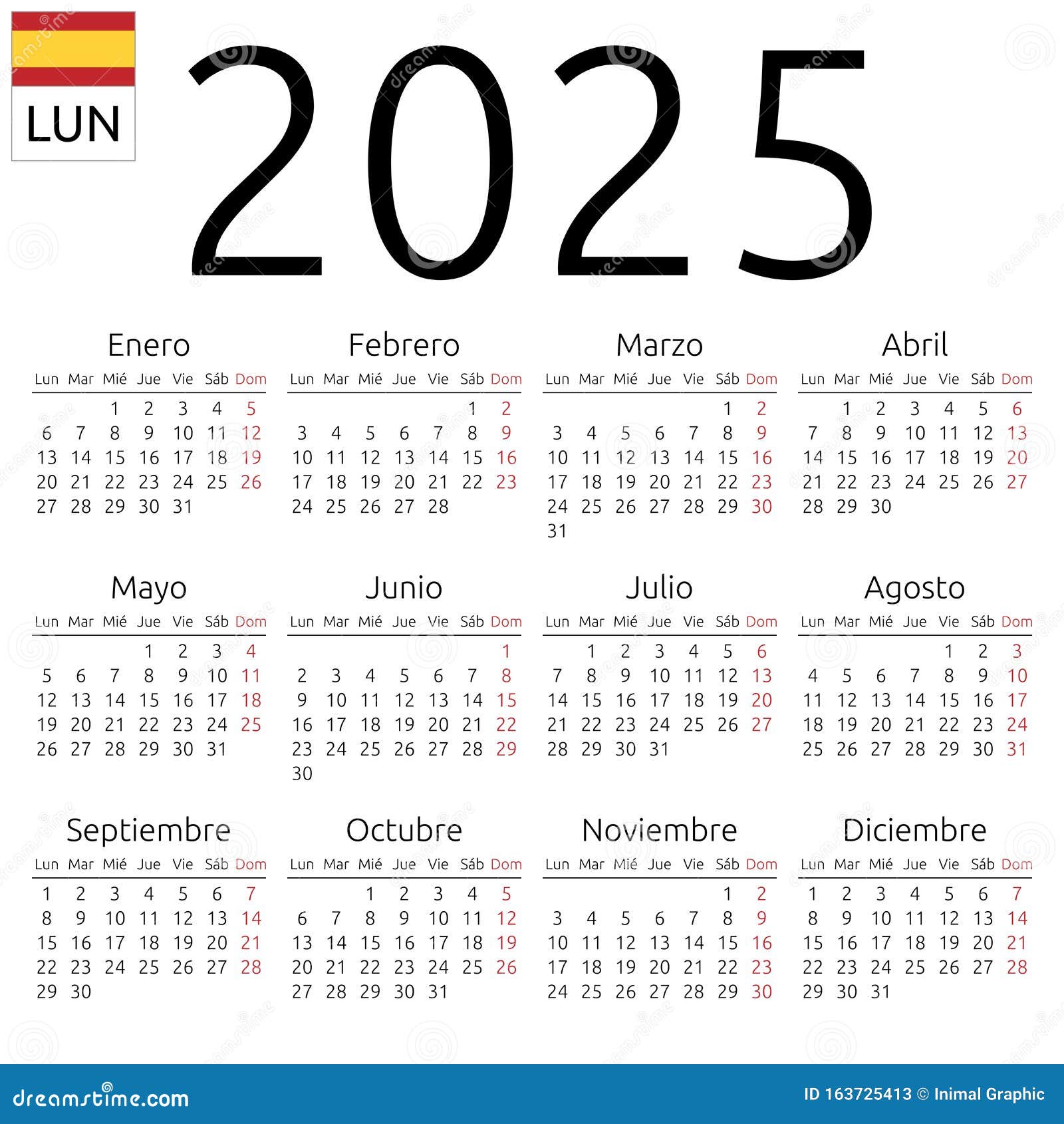 Calendar 2025, Spanish, Monday Stock Vector Illustration of readable