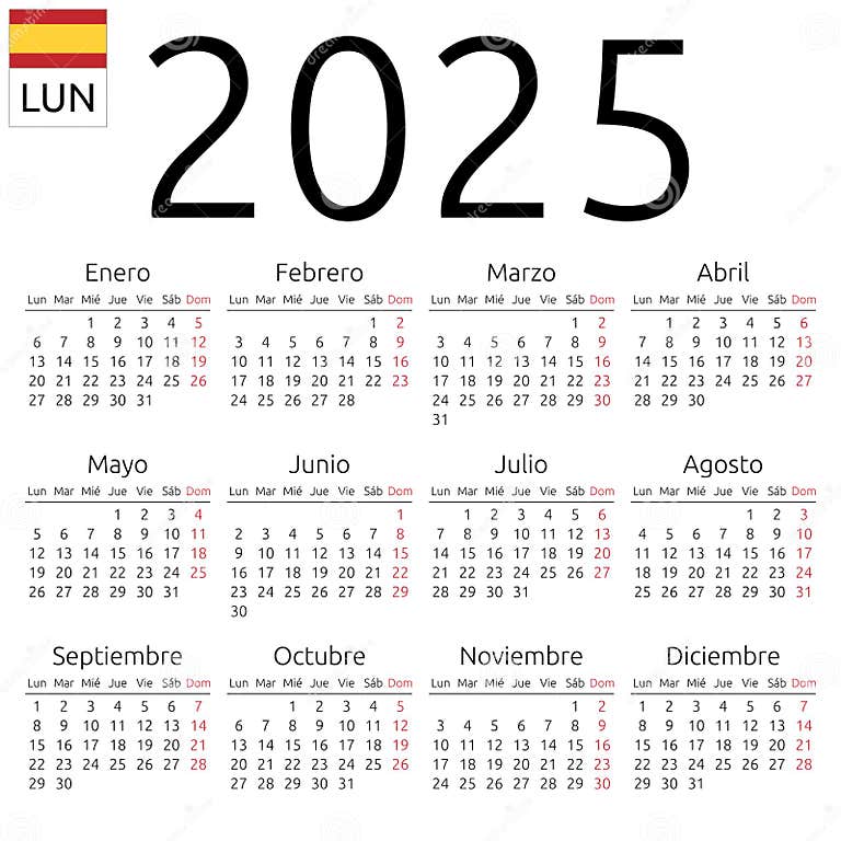 Calendar 2025, Spanish, Monday Stock Vector Illustration of readable, digit 163725413