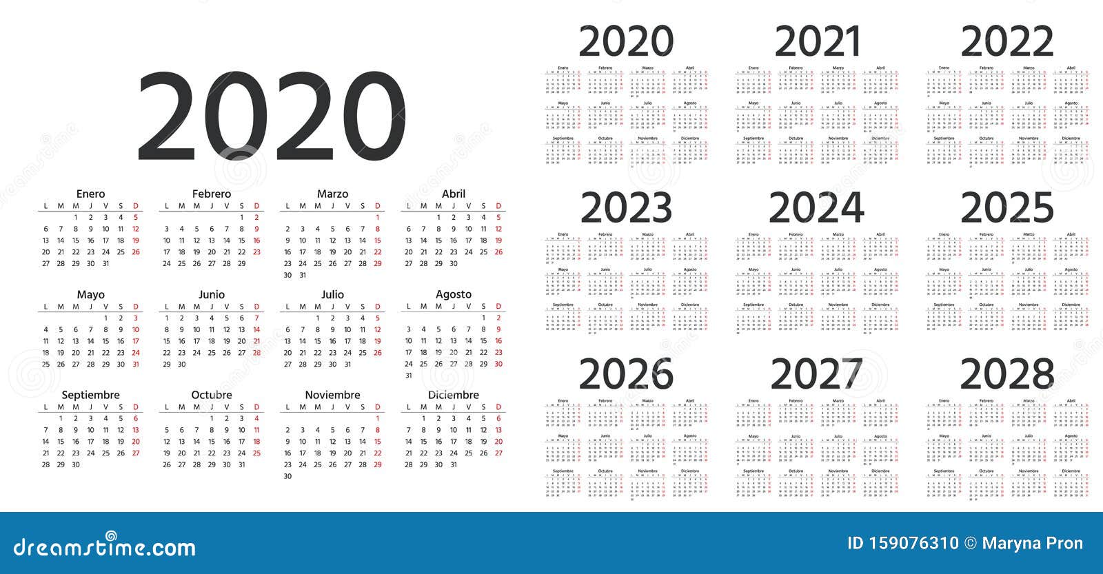 2020 Spanish Calendar Vector Illustration Template Year Planner Stock