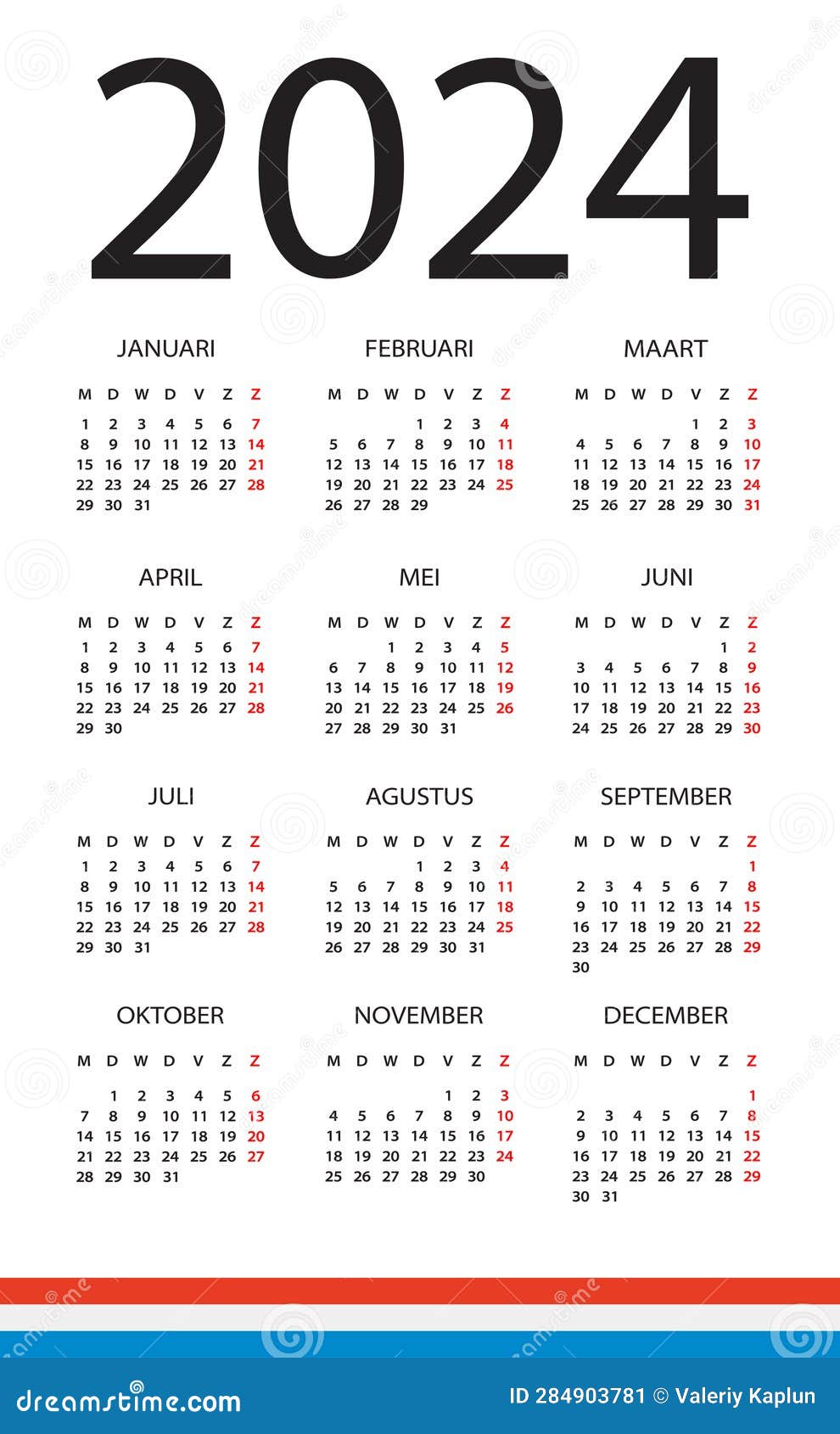 Calendar 2024 Stock Vector Illustration. Dutch Version Stock Vector
