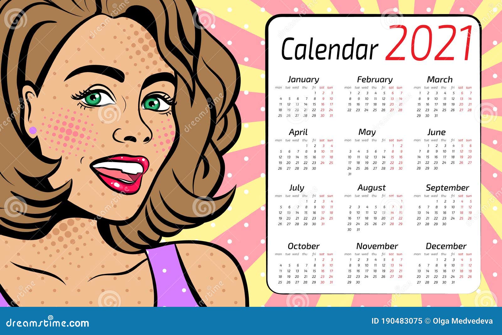 A Calendar for 2021 in the Style of Pop Art Stock Vector Illustration