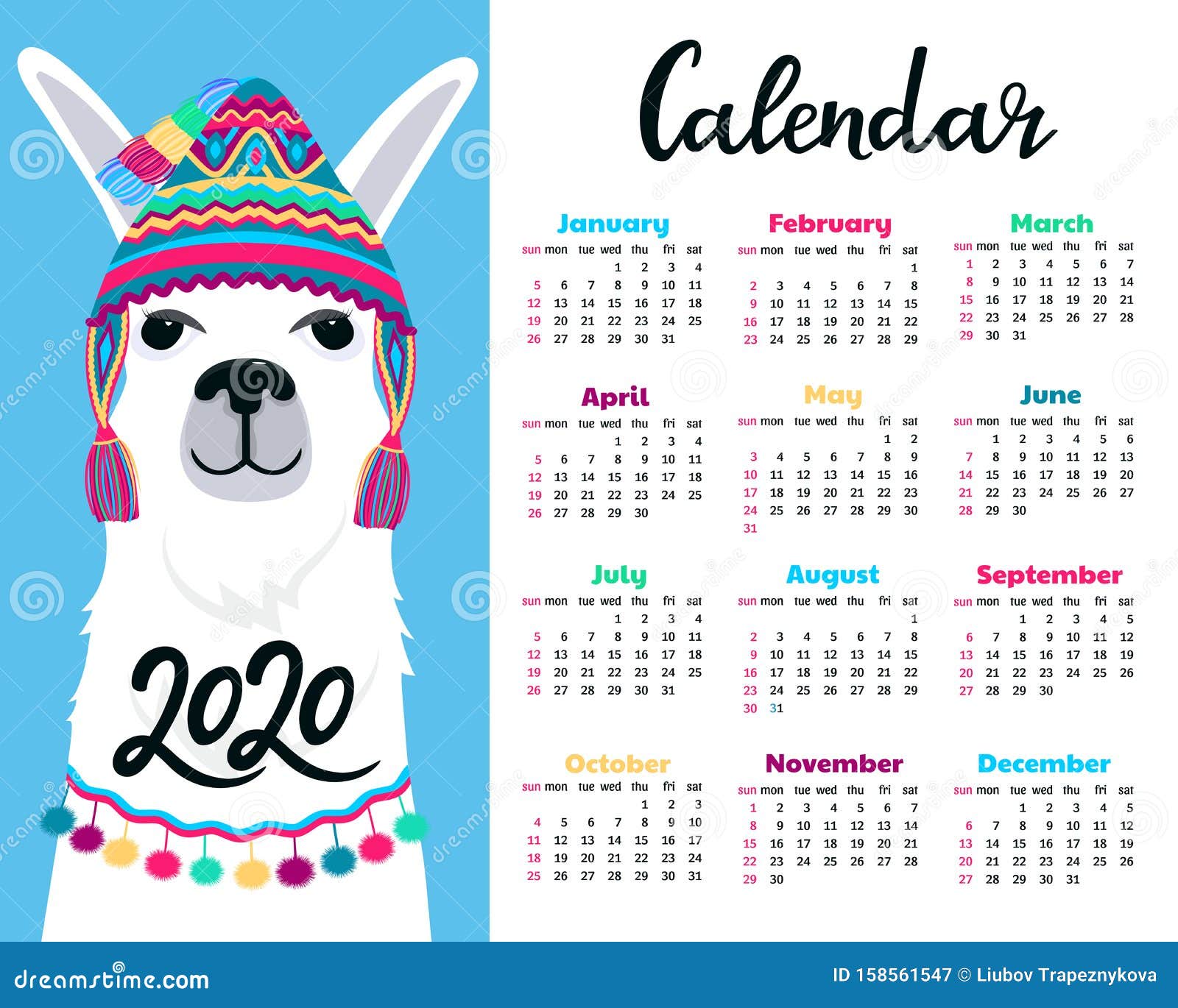 Calendar for 2020 from Sunday To Saturday. Cute Llama in Funny Hat with
