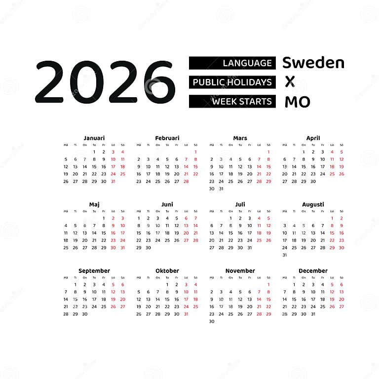 Calendar 2026 Swedish Language with Sweden Public Holidays. Stock