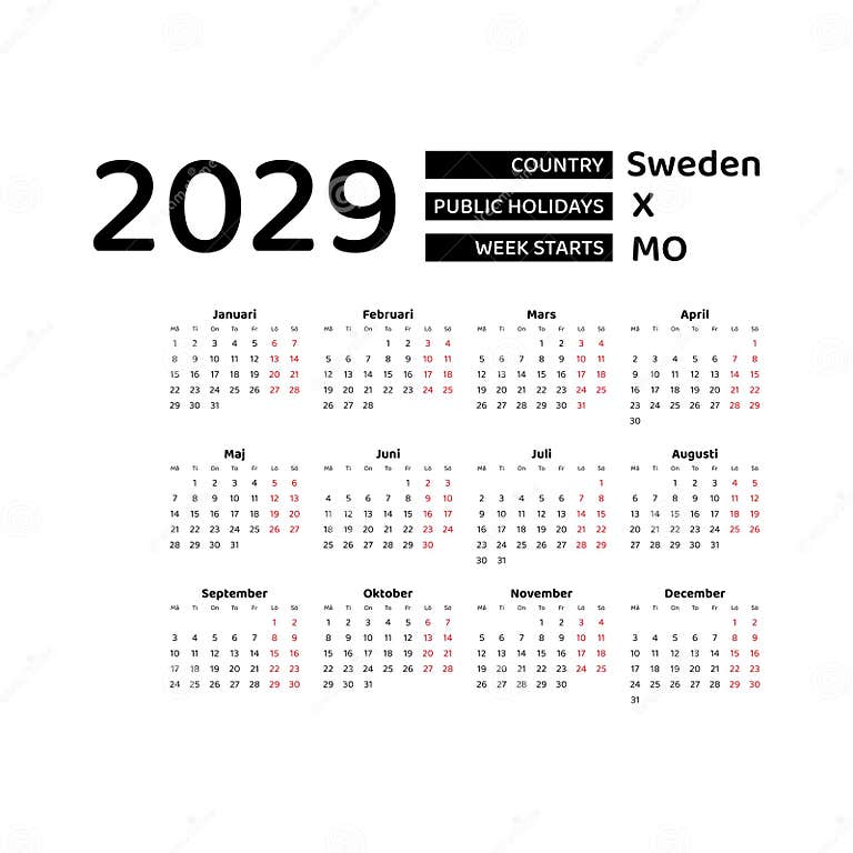 Calendar 2029 Swedish Language with Sweden Public Holidays. Stock