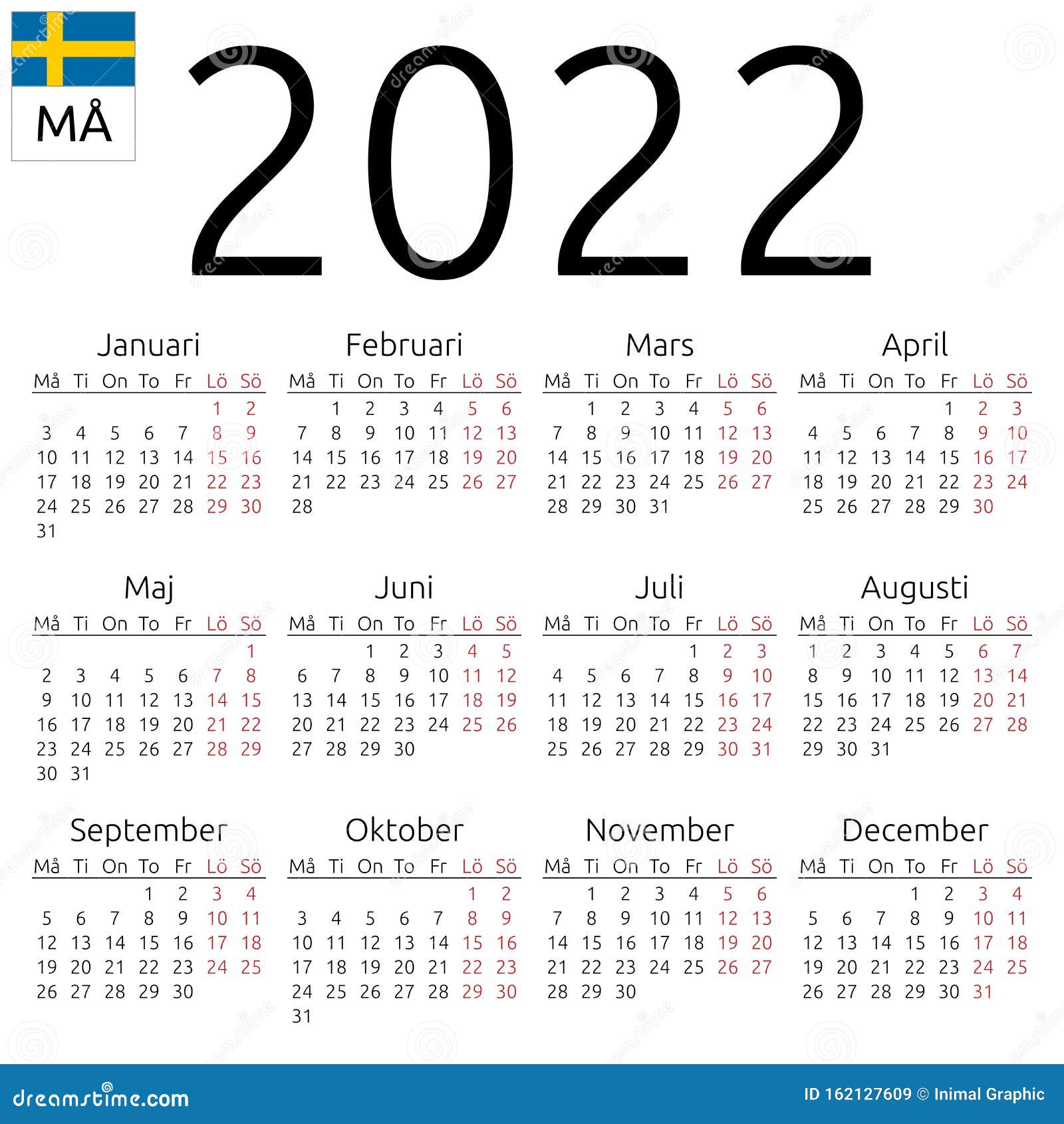 Calendar 2022, Swedish, Monday Stock Vector Illustration of european