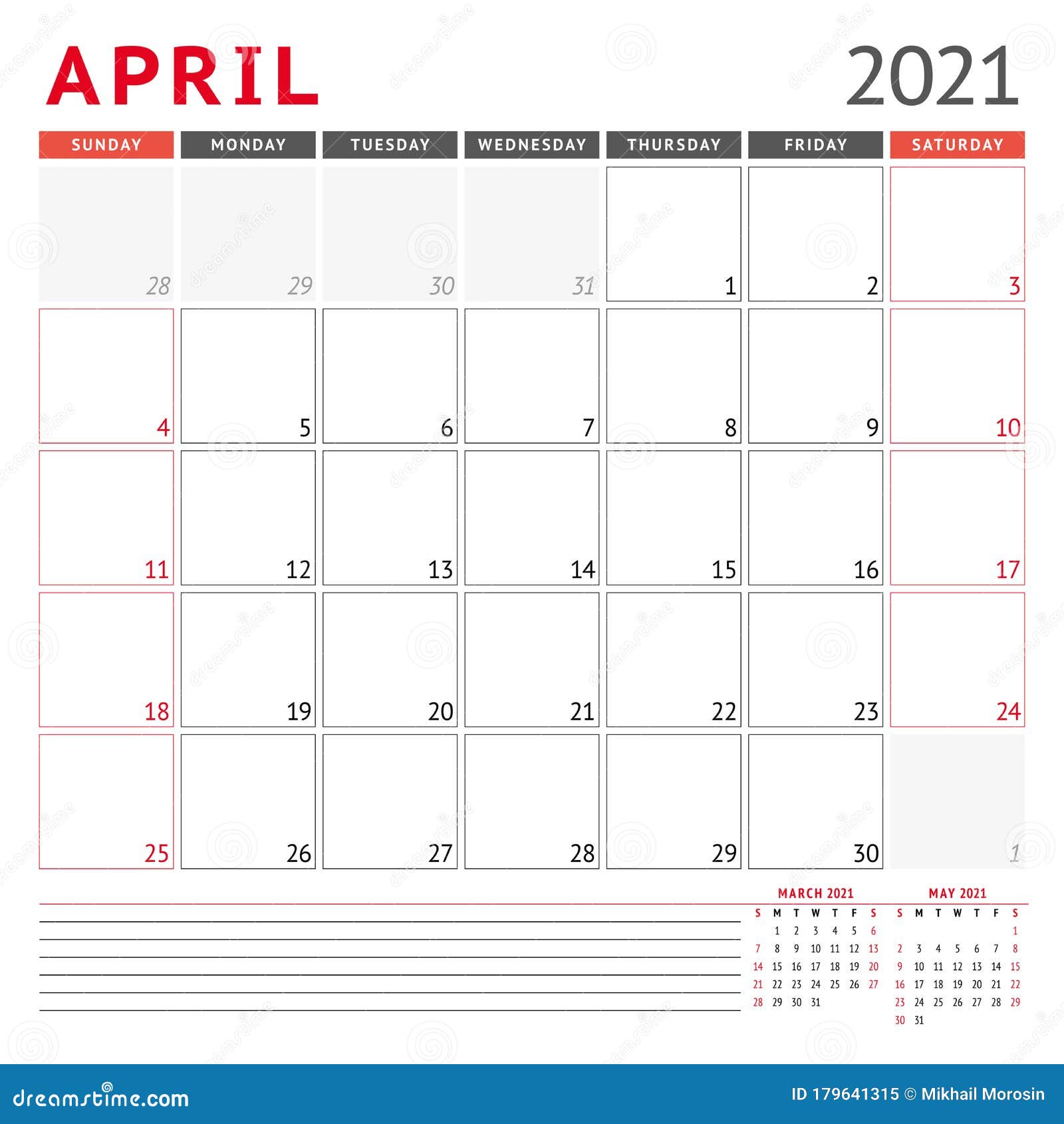 Calendar Template For April 2021 Business Monthly Planner Stationery Design Week Starts On Sunday Stock Illustration Illustration Of 2021 Flyer 179641315