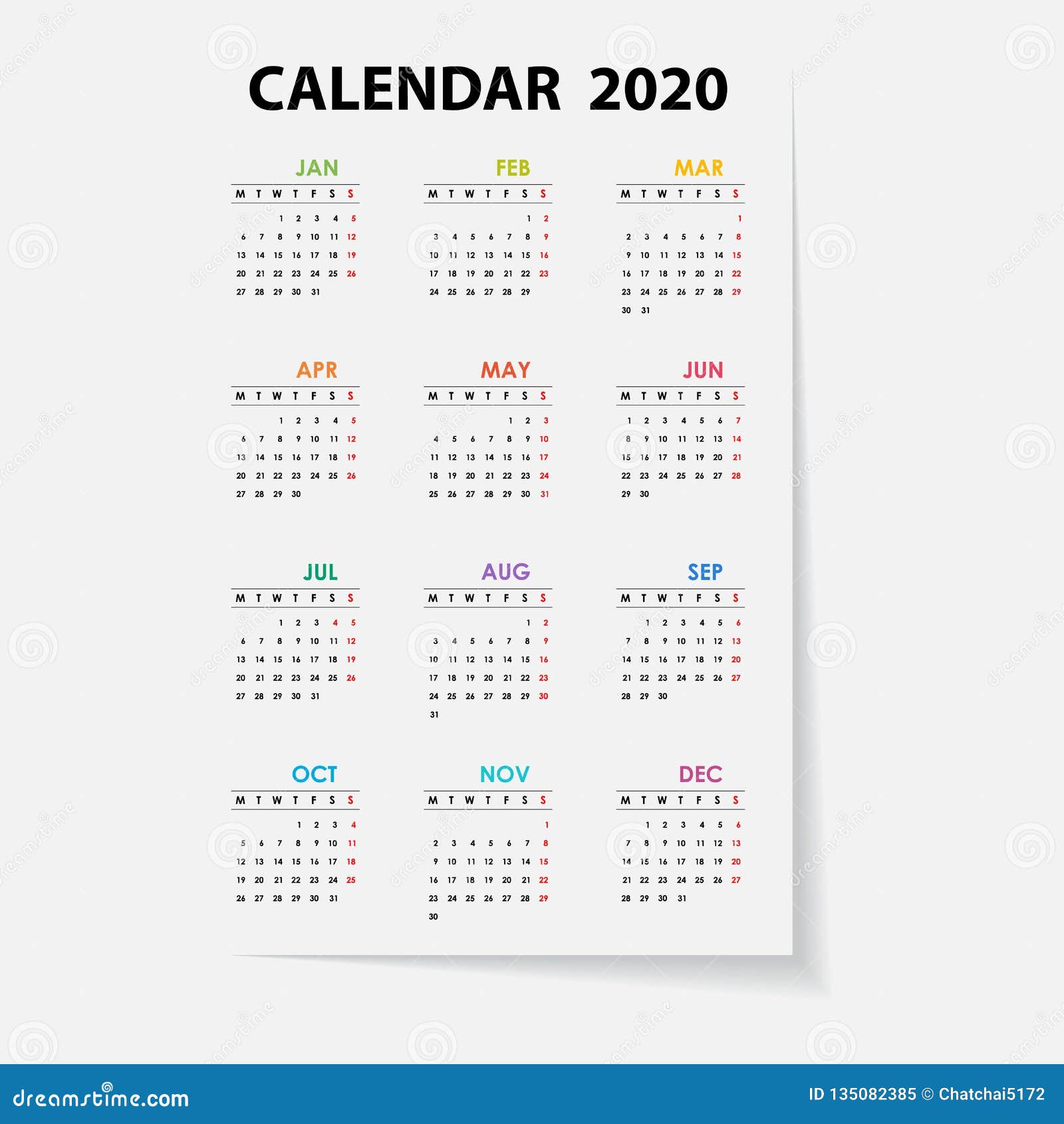2020 Calendar Templatecalendar 2020 Set Of 12 Monthsyearly Calendar