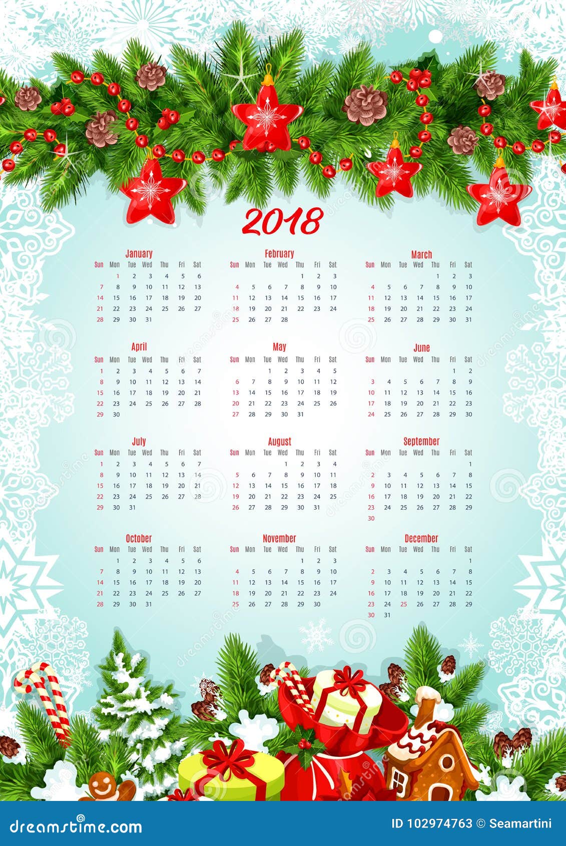 Calendar Template with Christmas Garland and Gifts Stock Vector Calendar Template with Christmas Garland and Gifts Stock Vector